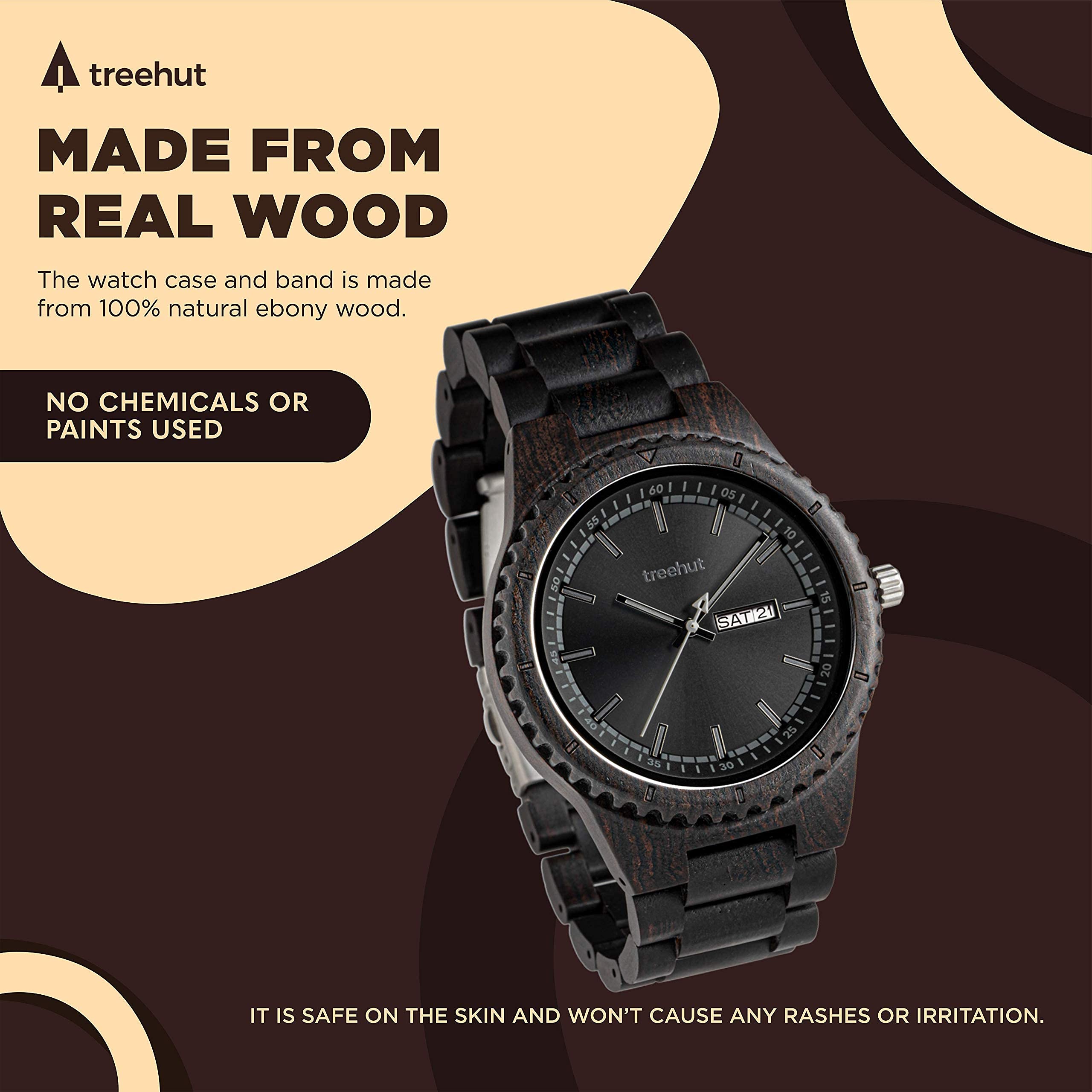 Men's Wooden Watch - Japanese Quartz Movement, Ebony Wood Strap - Stylish & Durable for Outdoor & Office