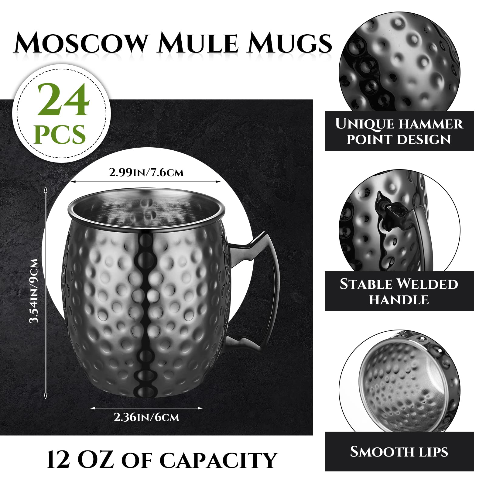 Hoolerry 24 Pack Moscow Mule Mugs - 12 oz Black Stainless Steel Copper Plated Cups with Handle, Hammered Finish for Chilled Drinks, Coffee, Wine & Cocktails - Perfect for Weddings, Birthdays, Parties & Home Bar Use