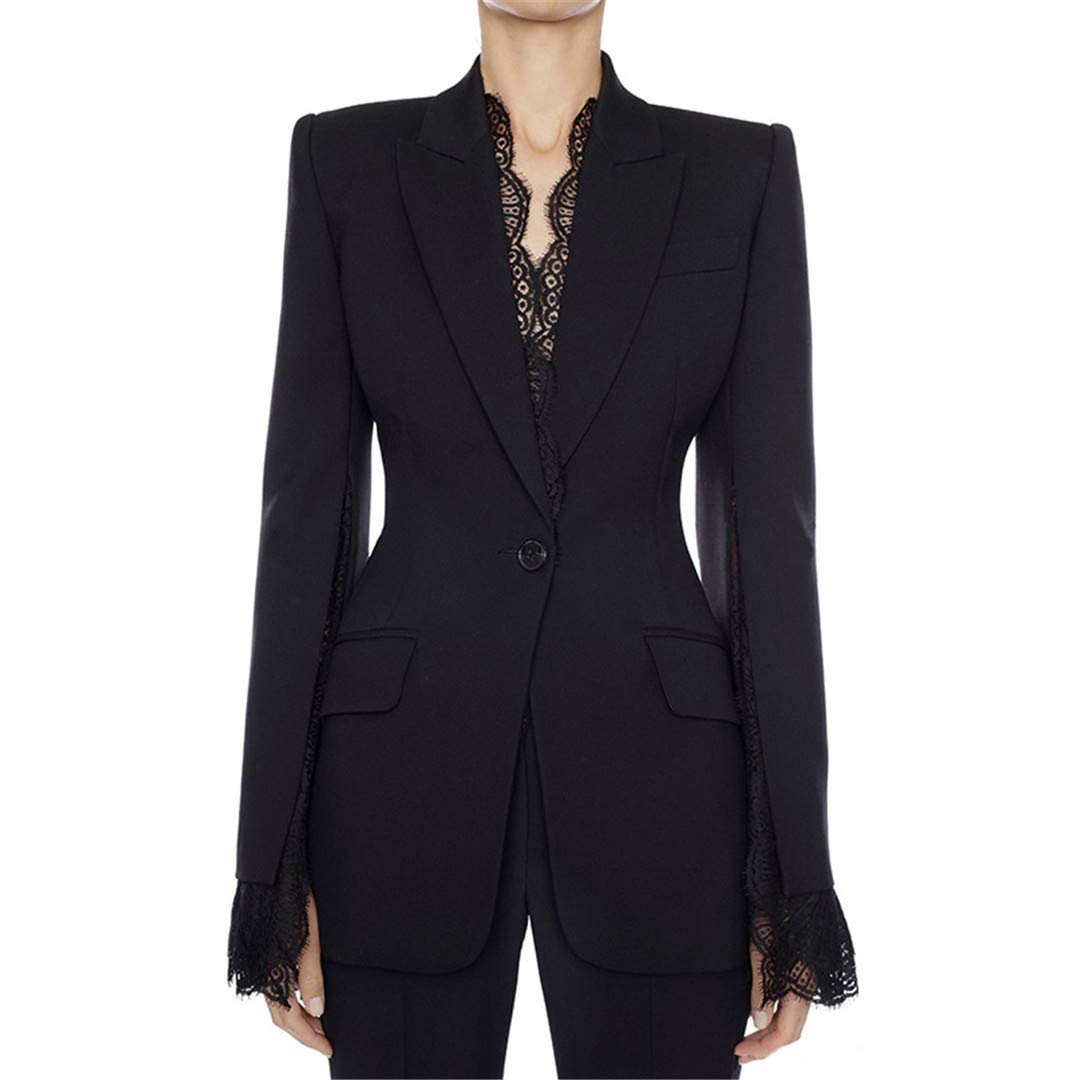 Single Button Solid Formal Lace Patchwork Blazer Jacket for Office, Evening Events, and Special Occasions