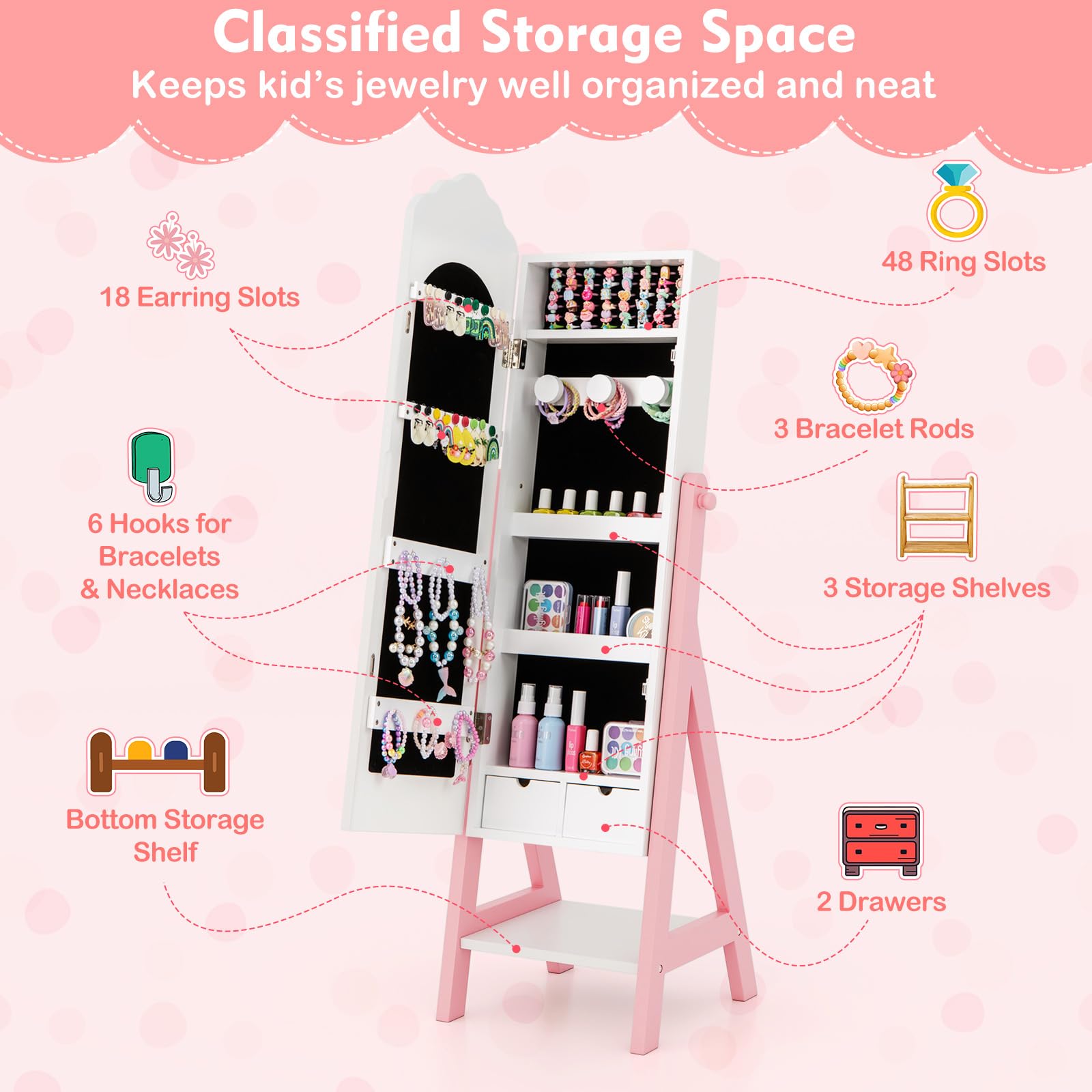 Costzon Kids Vanity & Jewelry Armoire Cabinet with Mirror - White Makeup Dressing Table & Chair Set for Girls, Standing Jewelry Organizer with Full-Length Mirror, Perfect for Bedroom Decor & Pretend Play (White)