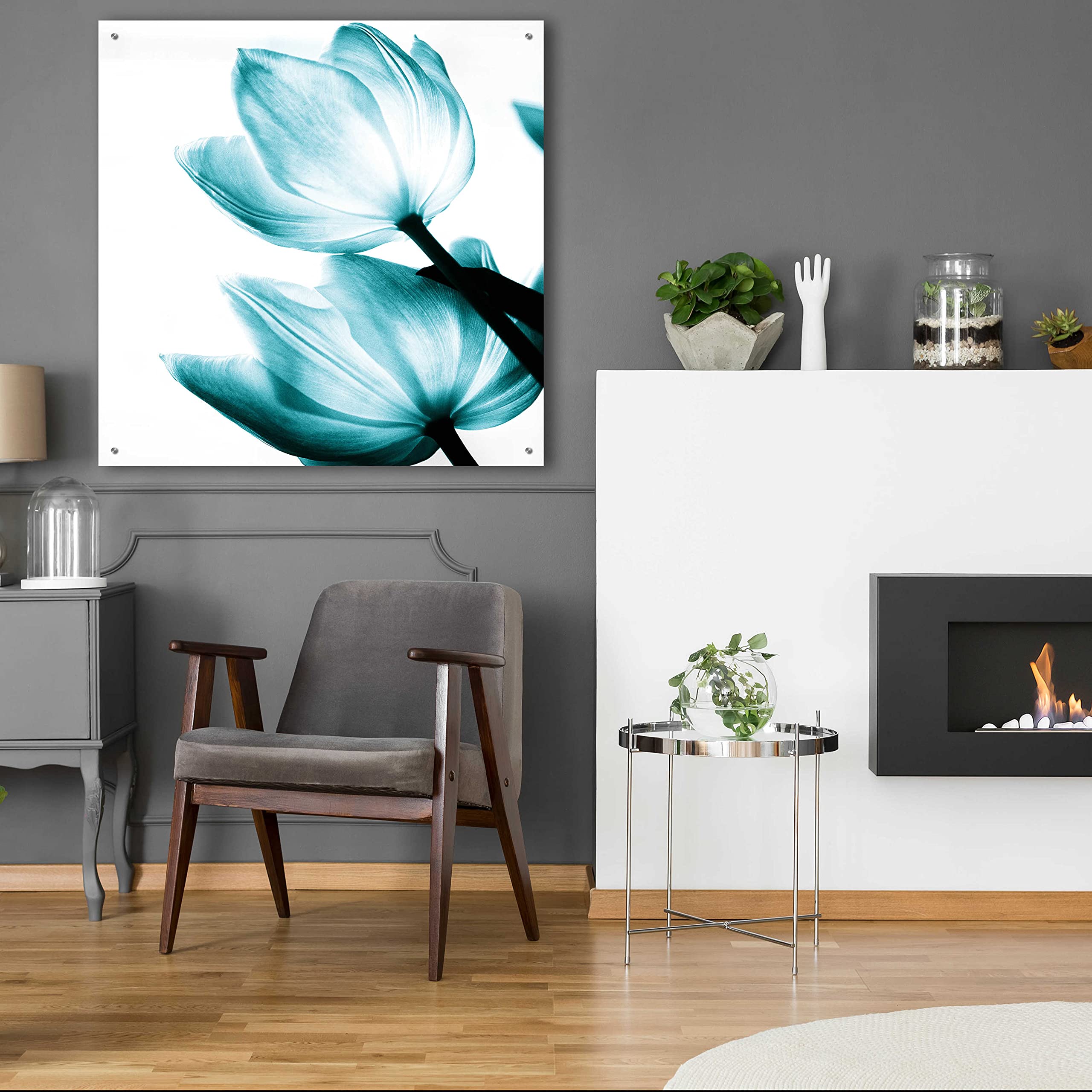 Debra Van Swearingen Translucent Tulips II Teal Acrylic Glass Wall Art - 36x36 Inches Modern Home Decor for Living Room, Bedroom & Office