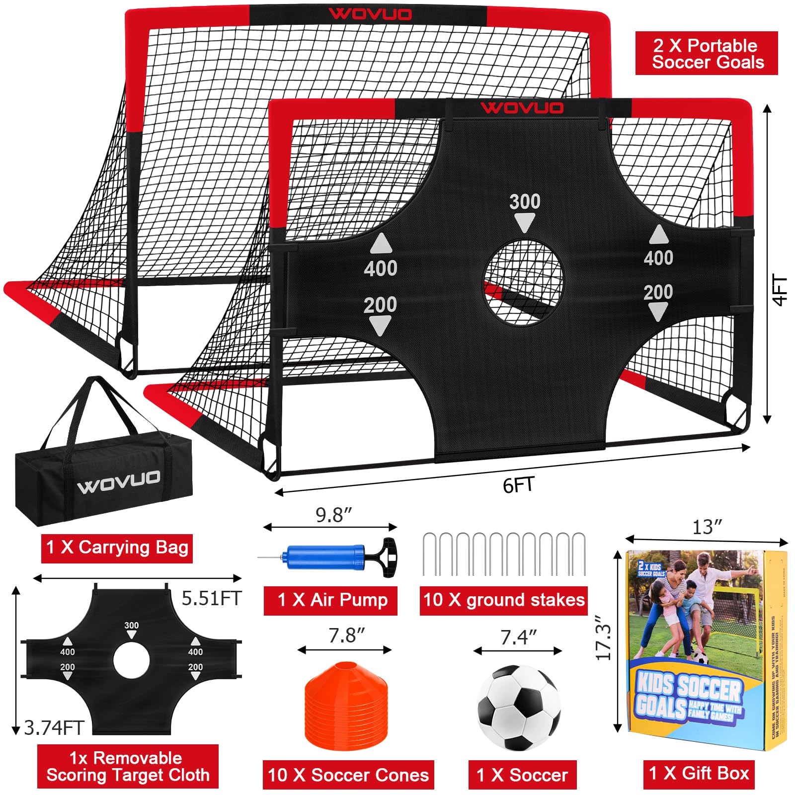 Portable Kids Soccer Goal Set of 2 - 6x4 ft Backyard Soccer Goals with Target, Ball & Cones - Adjustable Training Equipment for Ages 3-14 - Perfect for Outdoor Sports, Birthday Gifts & Youth Soccer Practice