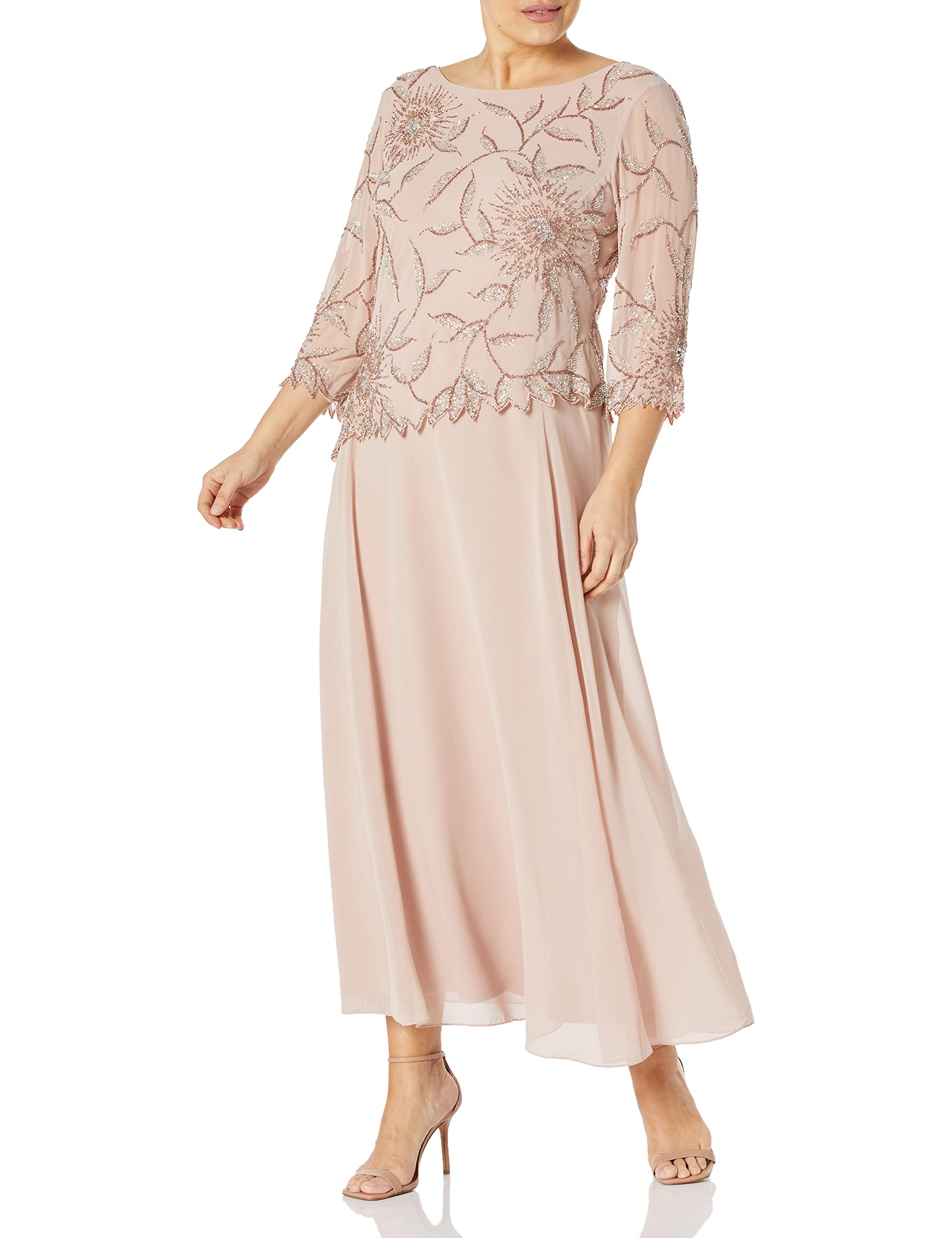 J Kara Women's Plus Size Beaded Scoop Neck 3/4 Sleeve Long Dress - Elegant Party Wear for Evening Events & Special Occasions