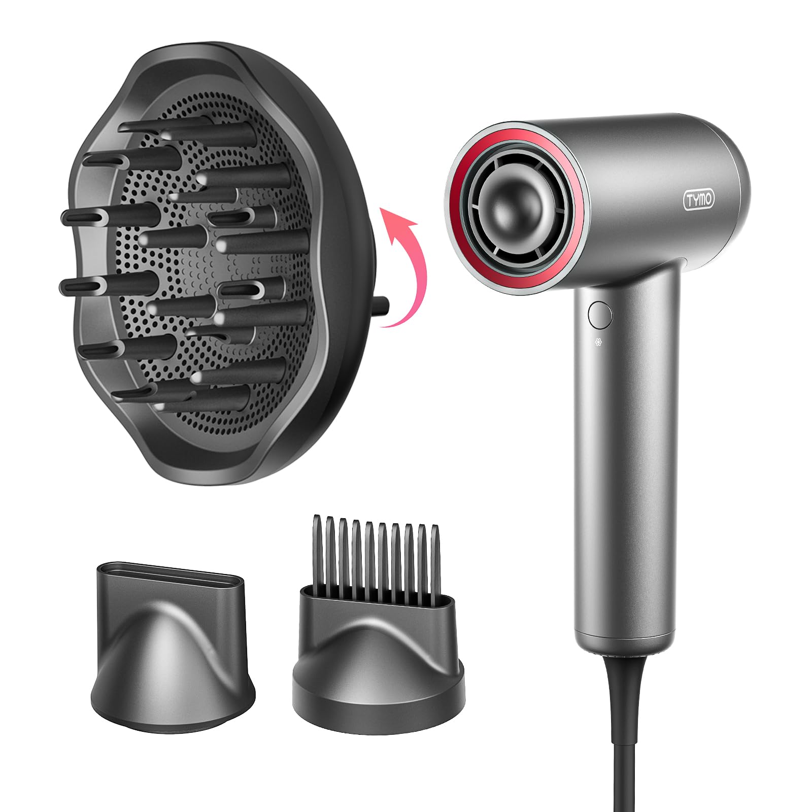 TYMO Professional Hair Dryer with Diffuser & Comb - 1500W High-Speed Blow Dryer for Fast Drying, 110,000RPM Brushless Motor, 200 Million Negative Ions for Zero Damage, 3 Speed & 4 Heat Settings, Low Noise - Perfect for Salon Styling & Home Hair Care