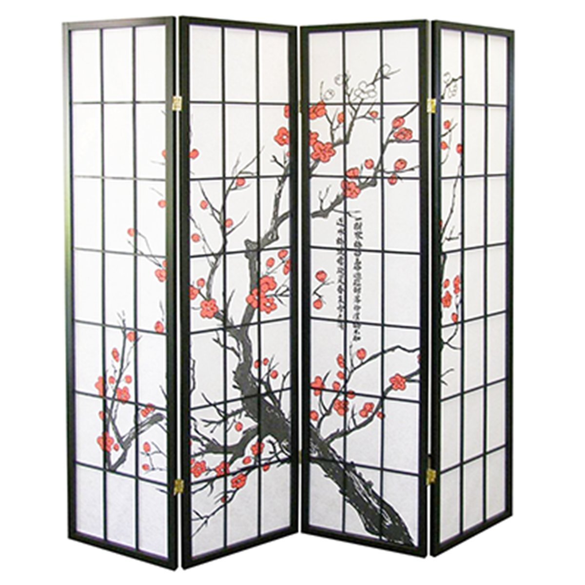 Magshion 4-Panel Hardwood Shoji Screen Room Divider - Plum Blossom Black Design | Asian-Inspired Privacy Partition for Home, Office & Meditation Spaces