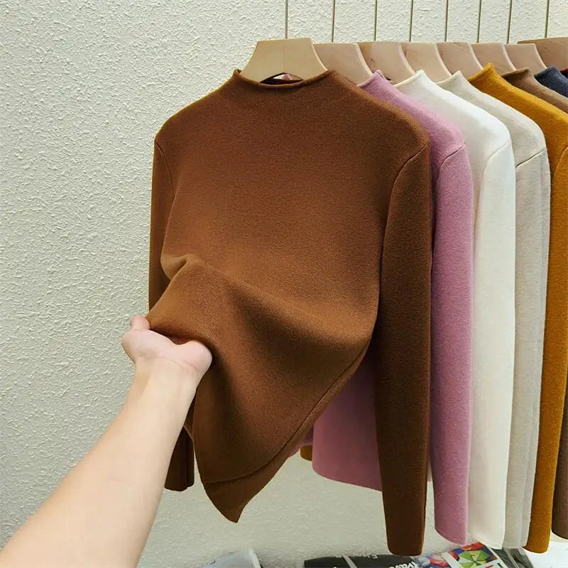 Women's Solid Half High Neck Velvet Sweater - Korean Fashion Warm Knitwear Long Sleeve Pullover Top for Autumn Winter | Cozy Casual Wear, Office Outfits & Holiday Layering