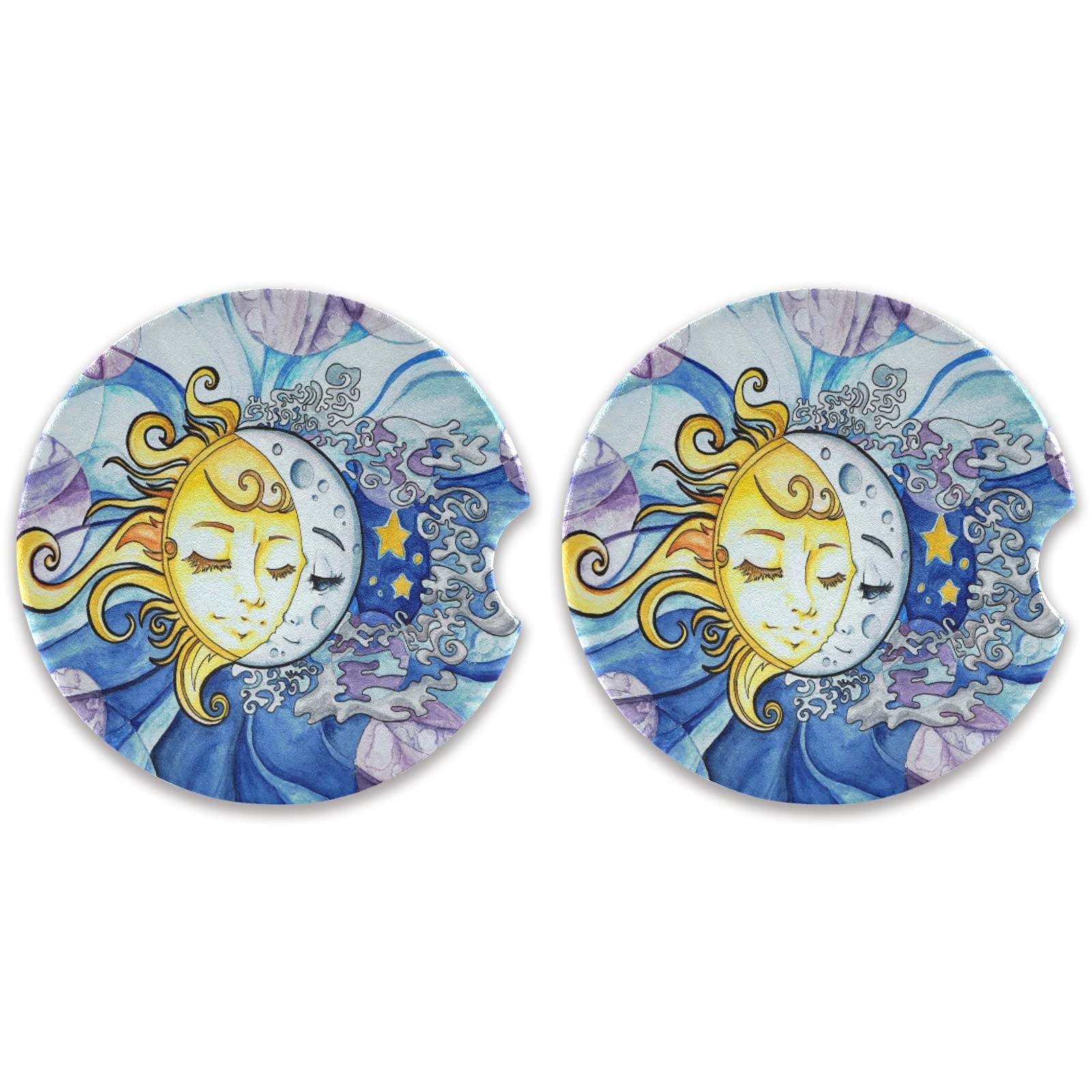 Qilmy Watercolor Sun Moon Car Coaster Set - 2 Pack Absorbent Ceramic Cup Holders with Cork Base for Cars, Vans, Trucks & Boats | Perfect for Road Trips, Daily Commute & Outdoor Adventures