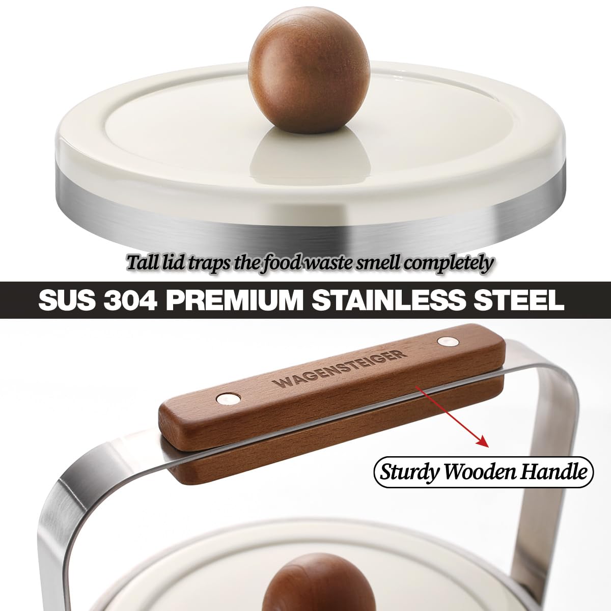 **3L Stainless Steel Compost Bin with Airtight Lid - 101oz Odor-Free Kitchen Countertop Food Waste Container, Wooden Handle & Stylish Design for Home, Office, or Bathroom (Off-White) - Perfect for Eco-Friendly Composting & Organic Waste Disposal**