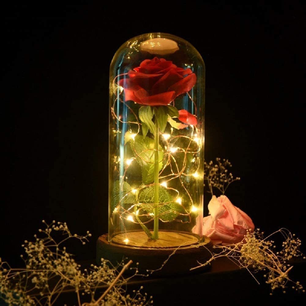 SW Preserved Rose - Enchanted Red Silk Rose in Glass Dome with LED Lights & Pine Base, Romantic Home Decor Gift for Women - Perfect for Valentine's Day, Mother's Day, Christmas, Wedding Anniversary, Birthday (Ideal for Bedroom Decor, Wedding Centerpiece, Romantic Gift)