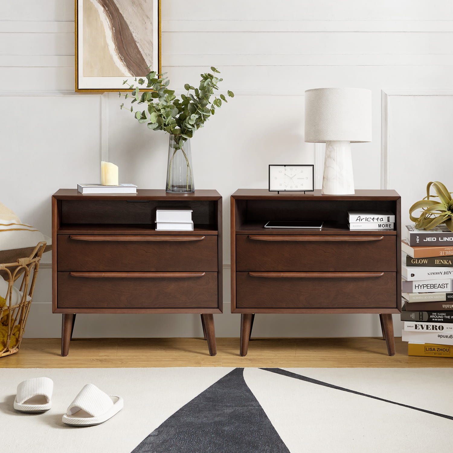 Mid Century Modern Nightstand with 2 Drawers & Built-in USB Outlets - Stylish Bedside Table for Bedroom, Living Room, or Office