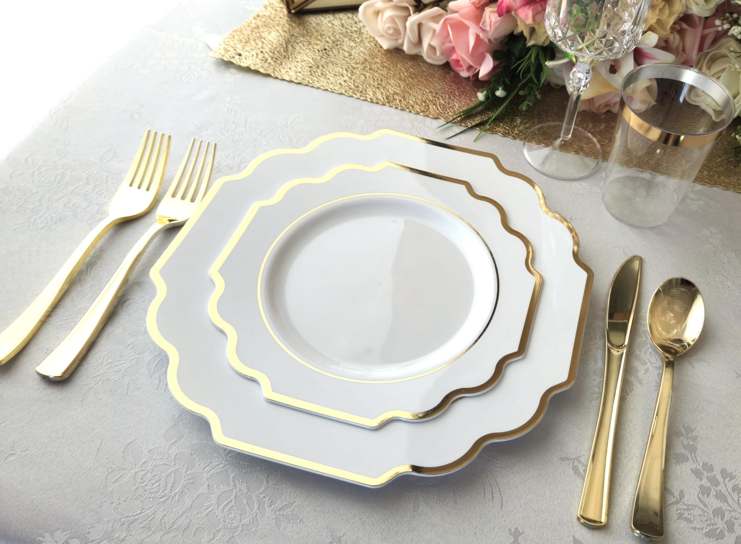120 Pack Heavyweight Disposable Plastic Plates - 8'' Elegant White & Gold Appetizer/Dessert Plates for Weddings, Parties & Special Occasions - Perfect for Catering, Birthday Celebrations & Formal Events