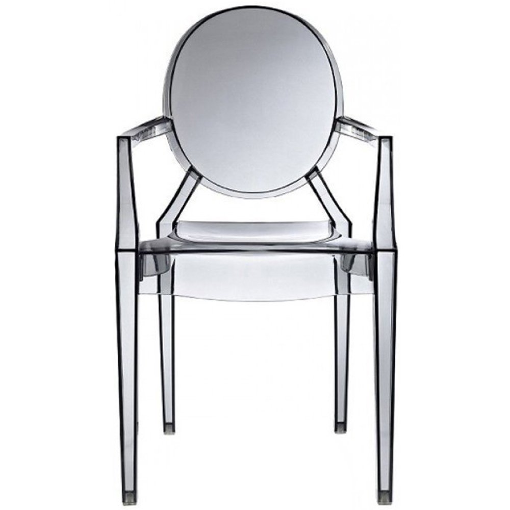 Modern Louis Ghost Arm Chair - Transparent Acrylic Dining Chair for Kitchen, Living Room & Office - Designer Smoke-Colored Contemporary Furniture for Home Decor