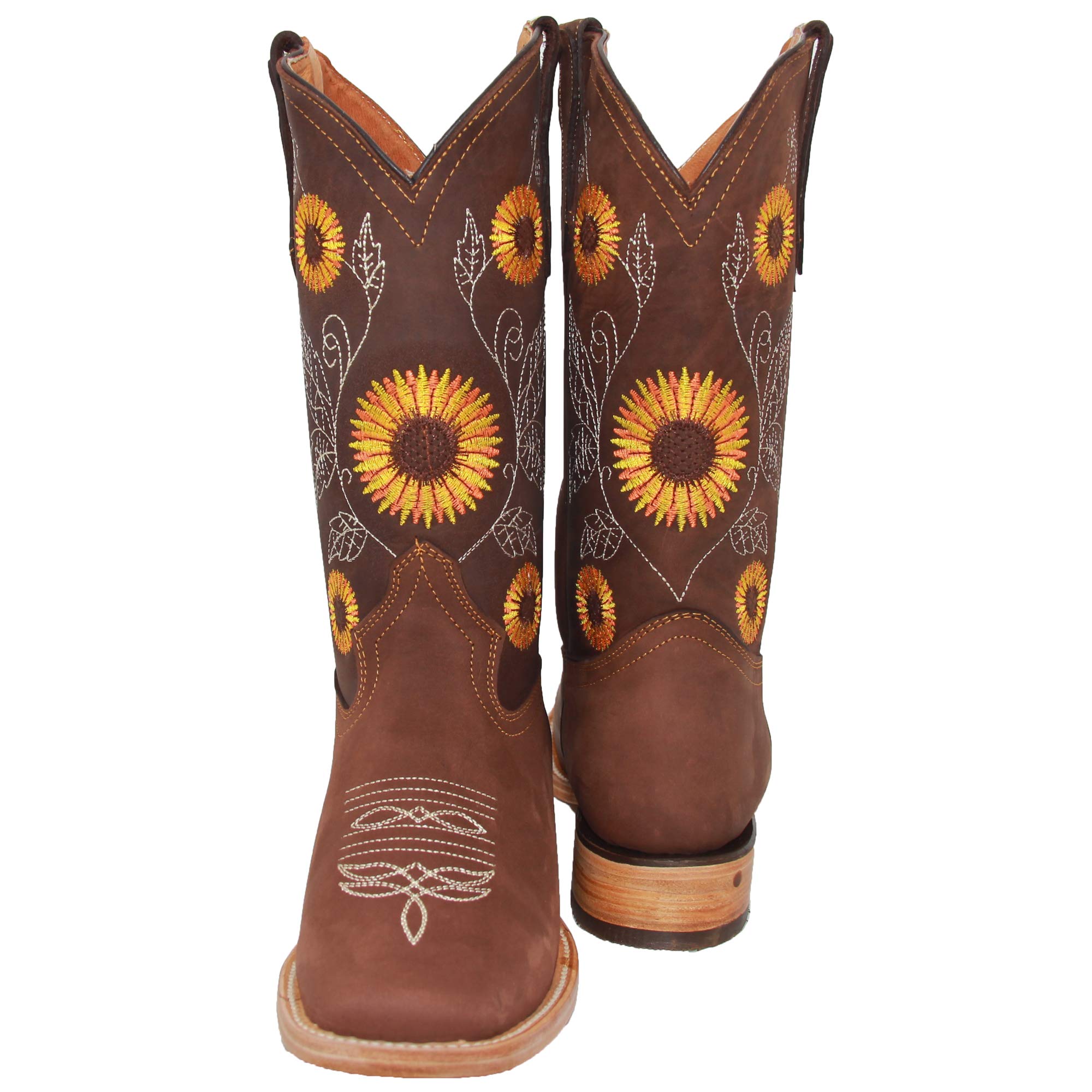 **Women's Western Cowboy Boots - Square Toe Leather Boots with Sunflower Embroidery | Comfortable & Stylish for Country Dancing, Rodeo, and Everyday Wear**