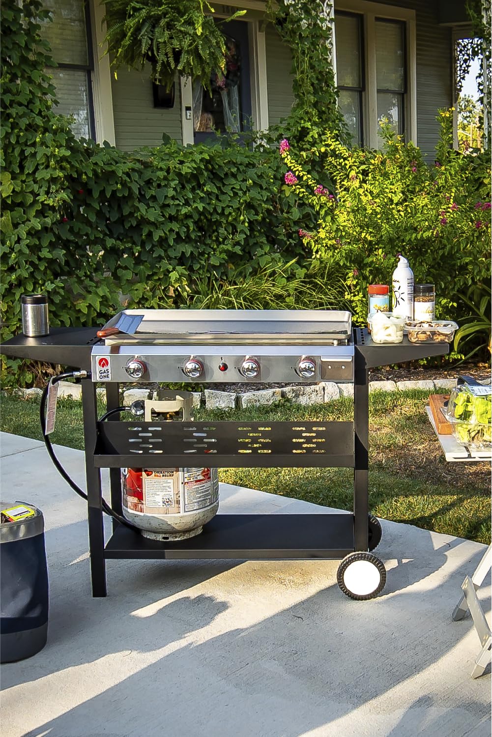 Gas One 4-Burner Flat Top Propane Grill with Outdoor Cart - Stainless Steel Auto-Ignition Camping Griddle for Easy Cleaning - Perfect for Backyard BBQs, Tailgating & Outdoor Cooking