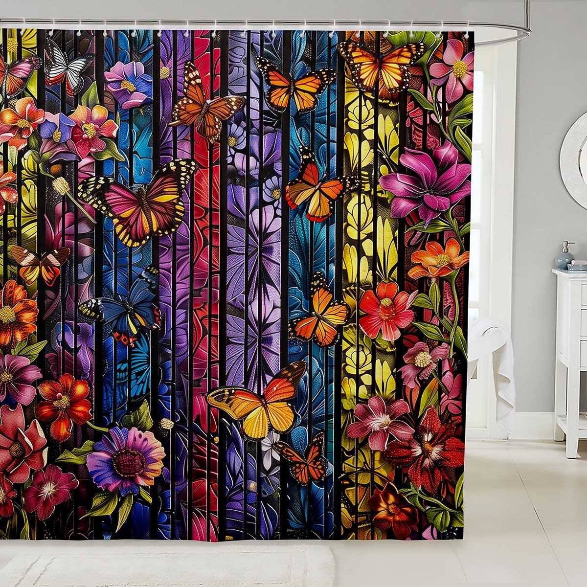 3D Colorful Butterfly & Floral Shower Curtain - Waterproof Bathroom Decor with Garden Botanical Design for Kids & Adults - Perfect for Farmhouse, Rustic, or Nature-Themed Bathrooms
