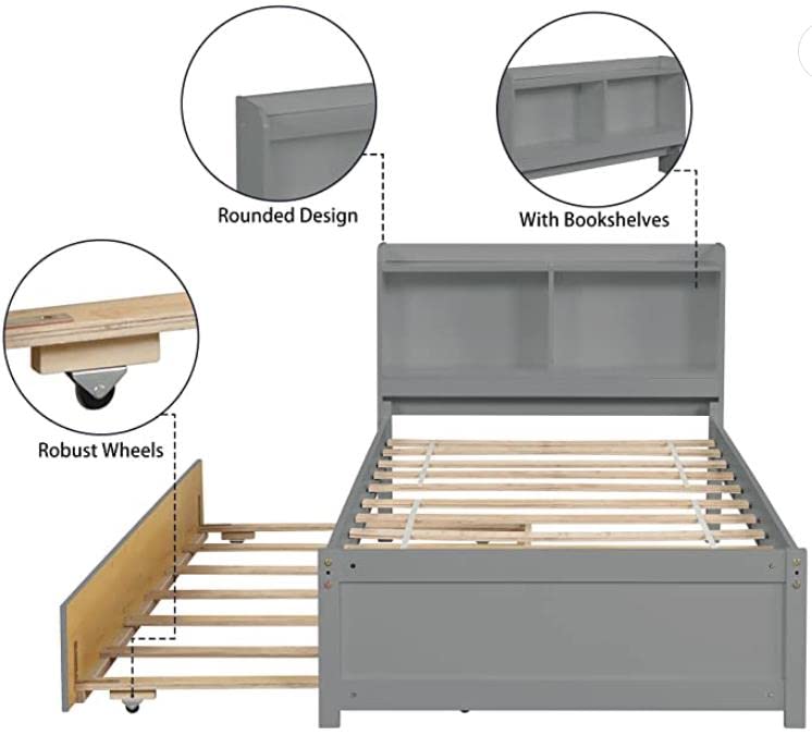 Harper & Bright Designs Twin Bed with Trundle - Solid Wood Platform Bed Frame with Bookcase Headboard for Teens, No Box Spring Needed - Perfect for Small Bedrooms, Guest Rooms & Kids' Rooms (Grey)