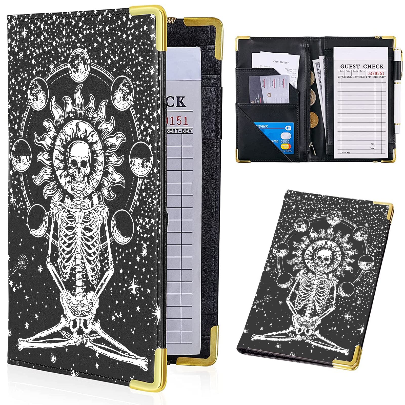 Premium Leather Server Book for Waitresses & Waiters - Cute Meditation Skeleton Design with Money Zipper Pocket - Durable Serving Notepad & Waiter Accessory - Perfect for Restaurant, Cafe & Bar Service (Fits Server Aprons)