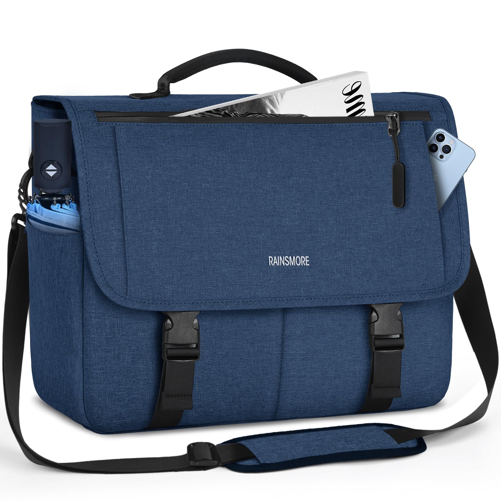 RAINSMORE Waterproof Messenger Bag for Men - 15.6 Inch Laptop Briefcase, Durable Crossbody Shoulder Bag for College, Office & Travel - Stylish Blue Casual Satchel for Work, Business & Daily Commute