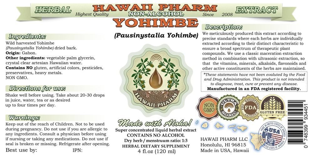 Alcohol-Free Yohimbe Bark Liquid Extract - Natural Herbal Supplement (Pausinystalia Yohimbe) | Glycerite Formula by Hawaii Pharm USA | 64 fl.oz (2x32oz) | Supports Energy & Wellness | Perfect for Herbal Remedies & Natural Health Routines