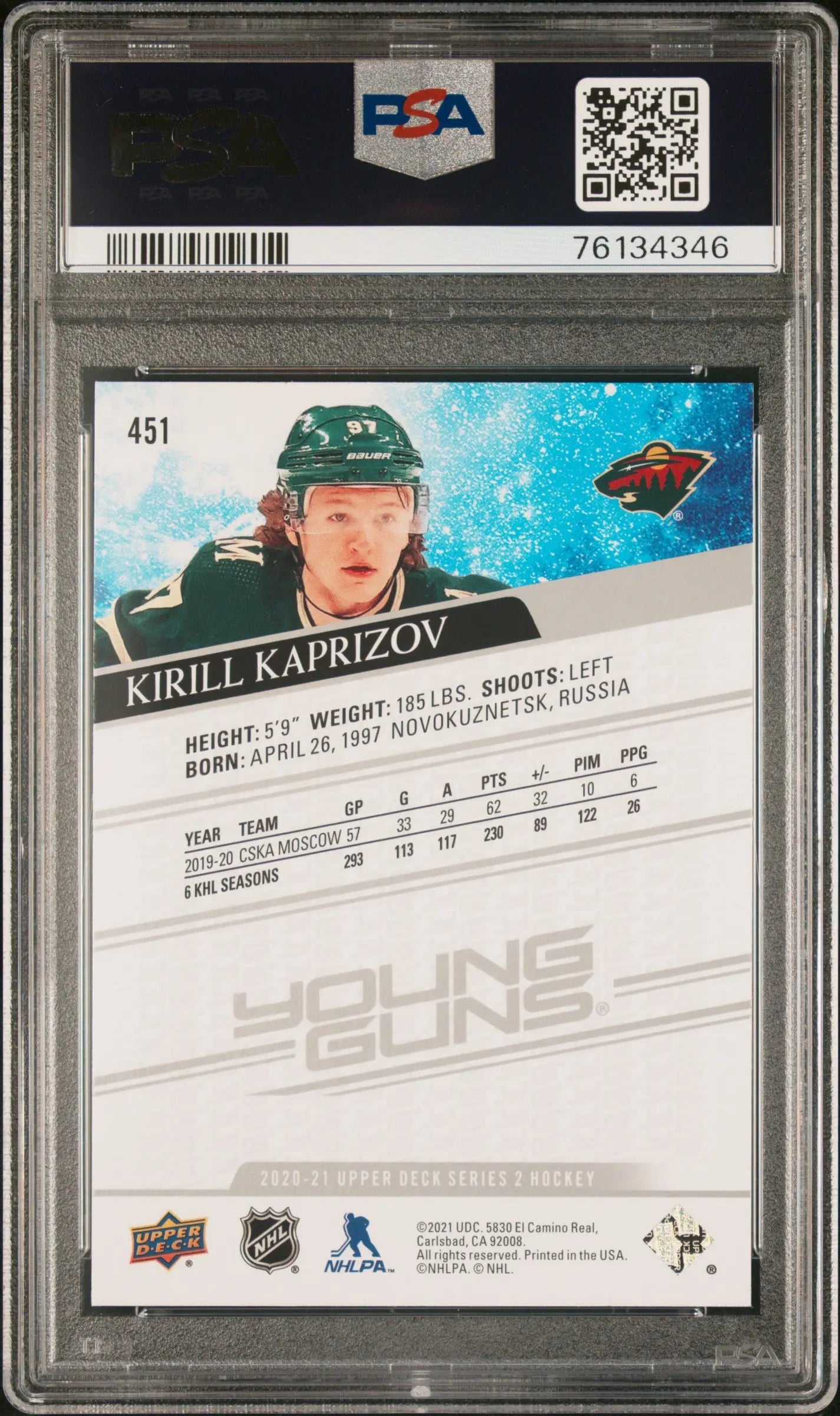 2020-21 Upper Deck Series 2 Kirill Kaprizov Young Guns Rookie Card PSA 10 Gem Mint - Perfect for Hockey Collectors & NHL Fans Display