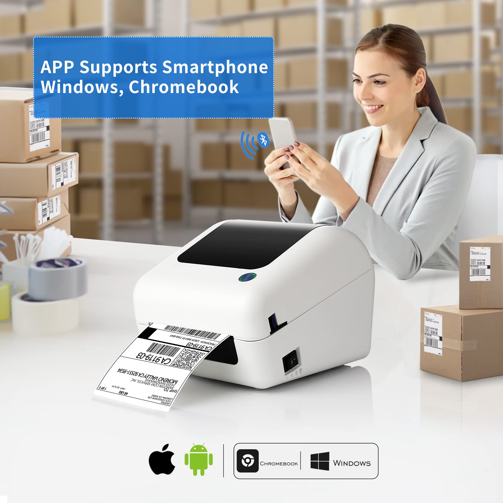 Wireless 4x6 Bluetooth Thermal Shipping Label Printer for Packages - Compatible with iPhone, PC, MAC (USB), Works with eBay, Amazon, Shopify, Etsy, UPS & USPS Barcode - Perfect for Home Business, E-commerce Sellers & Small Business Shipping Needs