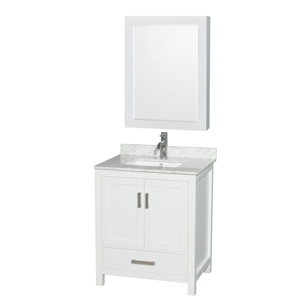 Wyndham Collection Sheffield 30 Inch White Single Bathroom Vanity with White Carrara Marble Countertop, Undermount Square Sink & Medicine Cabinet - Perfect for Modern Bathrooms, Small Spaces & Home Renovations