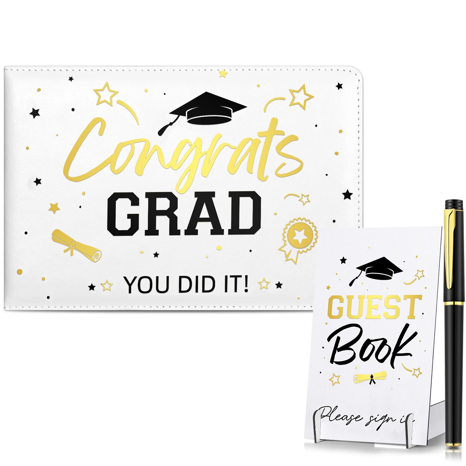 Premium Leather Graduation Guest Book Set with Pen & Table Sign - Elegant 2025 Graduation Guestbook for College & High School Graduation Parties - Perfect Graduation Gift & Keepsake (White) - Ideal for Commencement Ceremonies, Open House Events & Graduation Party Decor