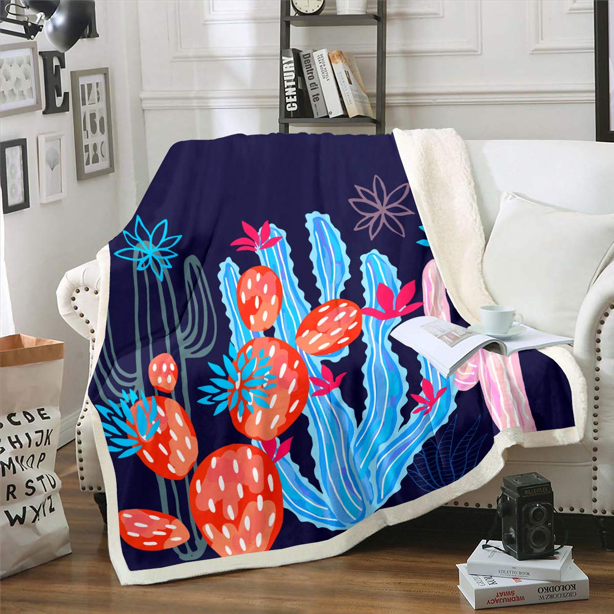 Cute Cartoon Cactus & Strawberry Fleece Throw Blanket - Ultra Soft Sherpa Plush Blanket for Kids, Boys & Girls | Green Botanical Decor | Queen Size 90x90 Inches | Perfect for Bedroom, Nursery, Sofa & Gift Giving