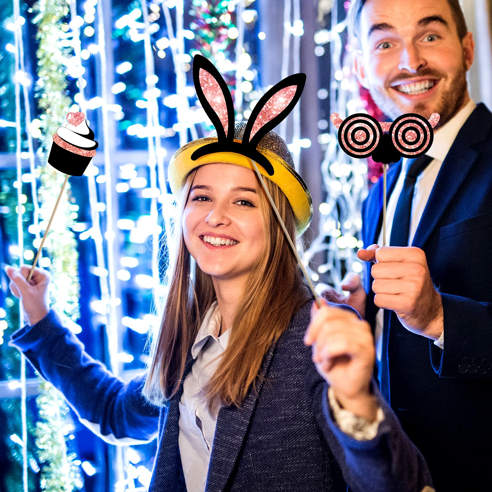 24-Piece Funny Photo Booth Props Set - Hats, Lipstick, Tie & Crowns (Rose Gold) for Birthday, Wedding, Graduation, Prom, Disco & Mardi Gras Parties - Perfect for Social Media Photos & Themed Events