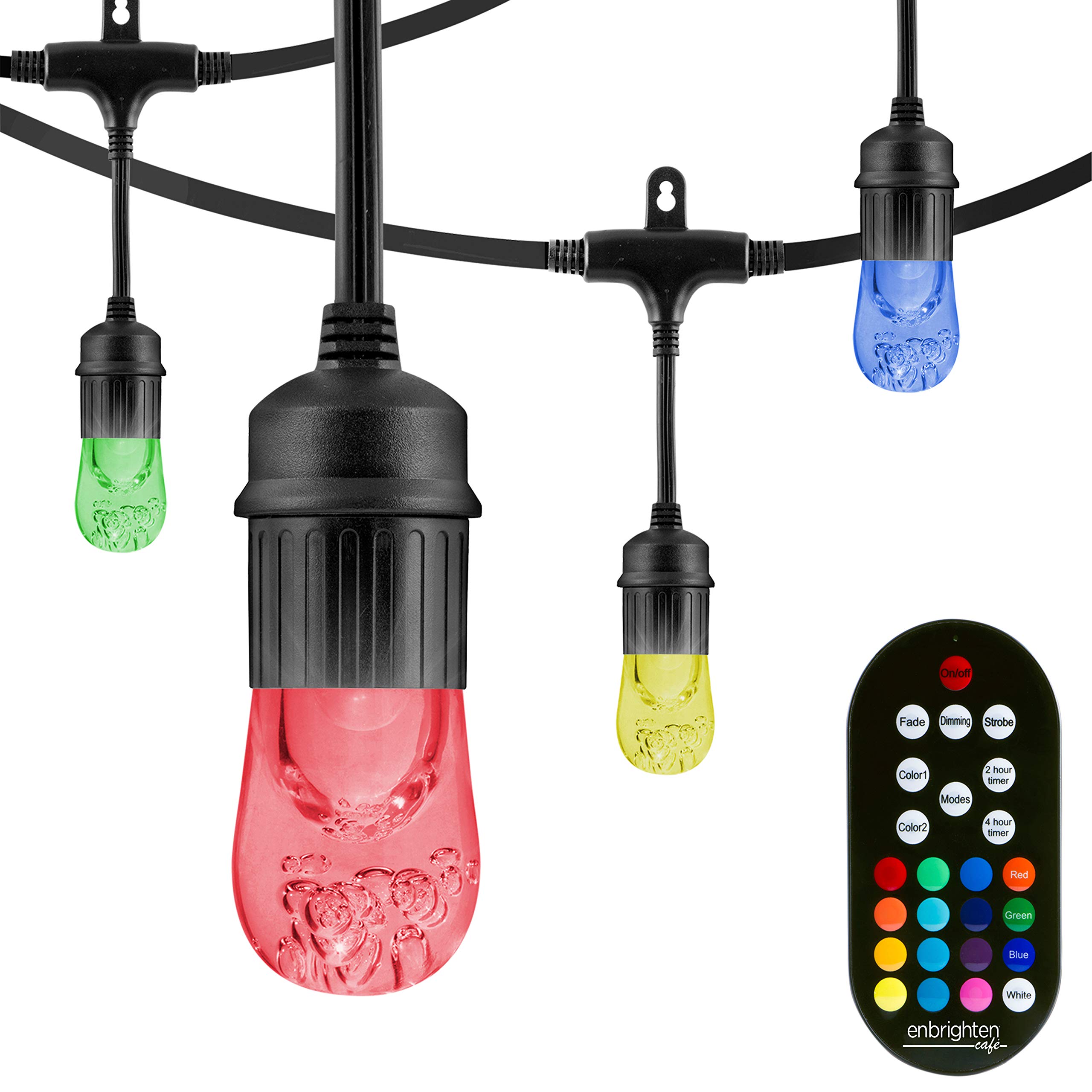 Enbrighten 24ft RGB LED Color Changing String Lights - 12 Shatterproof Acrylic Bulbs, Weatherproof, Remote Control & Dimmable - Perfect for Outdoor Patio, Garden, Party, and Holiday Decorations