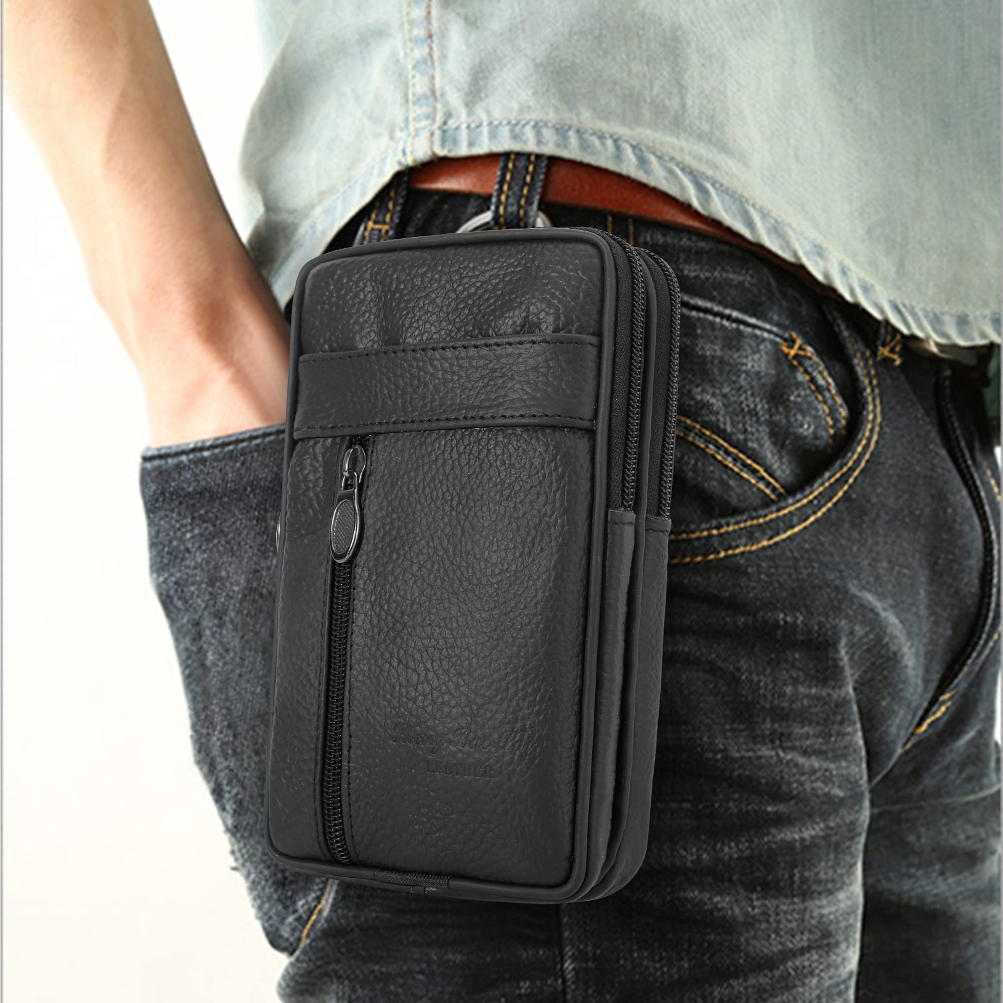 DOB SECHS Genuine Leather Crossbody Bag for Men & Women - Slim Phone Purse with Belt Clip, Shoulder Strap - Compact & Stylish Belt Pouch (Black) - Perfect for Travel, Shopping & Everyday Essentials