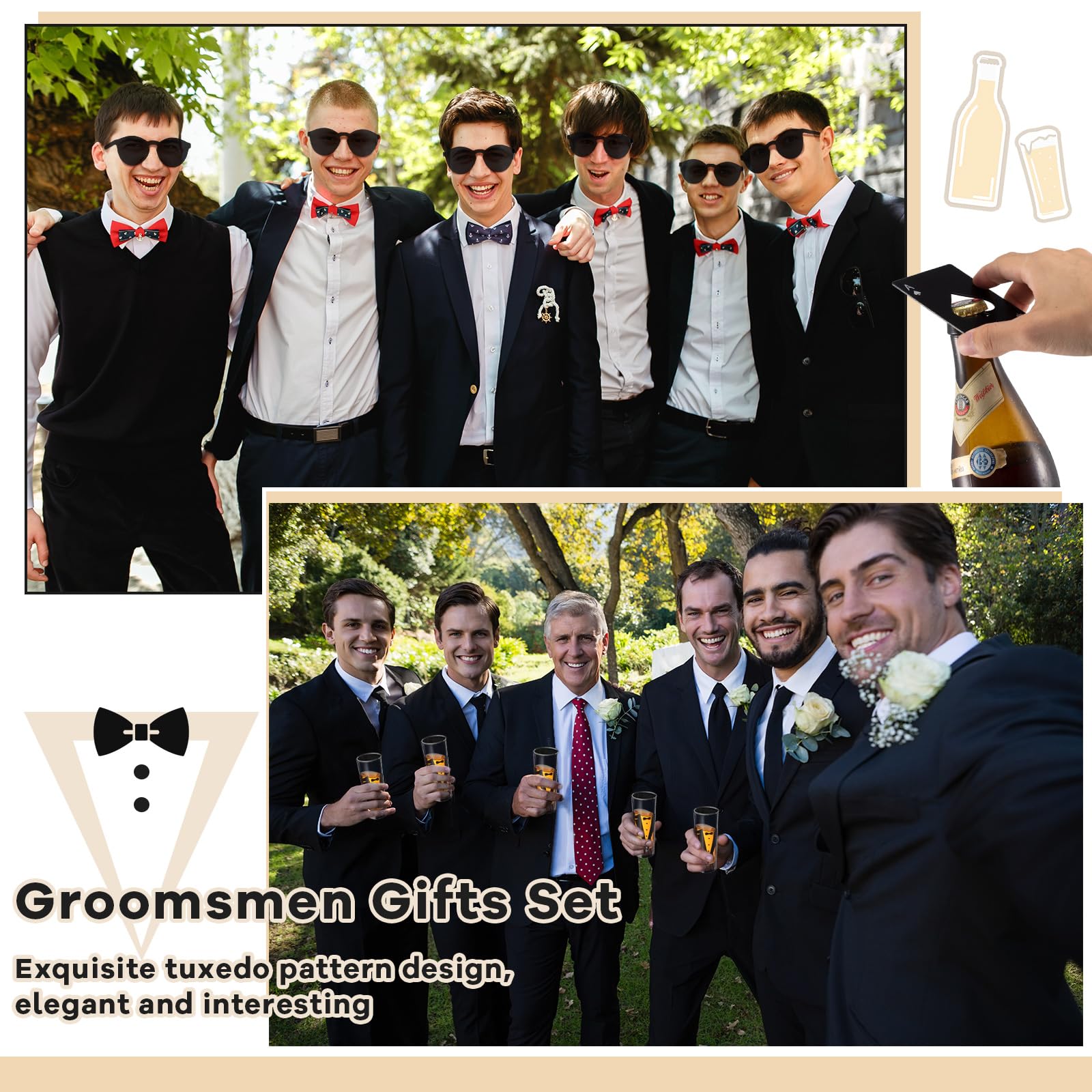 Tioncy 48-Piece Groomsmen Proposal Gift Set - 8 Engraved Pocket Knives, 8 Groomsmen Gift Bags, 8 Tuxedo Shot Glasses, 8oz Stainless Steel Hip Flask, 8 Poker Card Bottle Openers & 8 Sunglasses - Perfect for Weddings, Bachelor Parties & Groomsmen Events