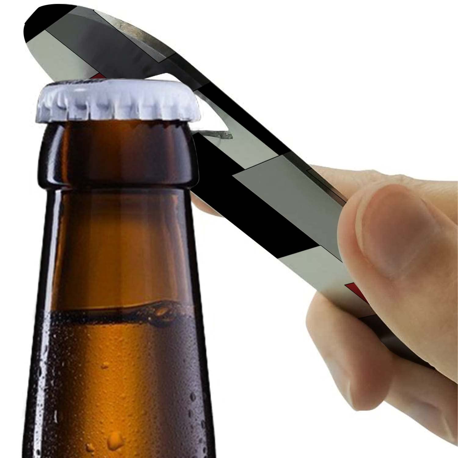 Heavy Duty Stainless Steel Flat Bottle Opener - 7 Inch Bartender Tool with Red & Black Geometric Pattern - Perfect for Bars, Home Use, and Outdoor Parties