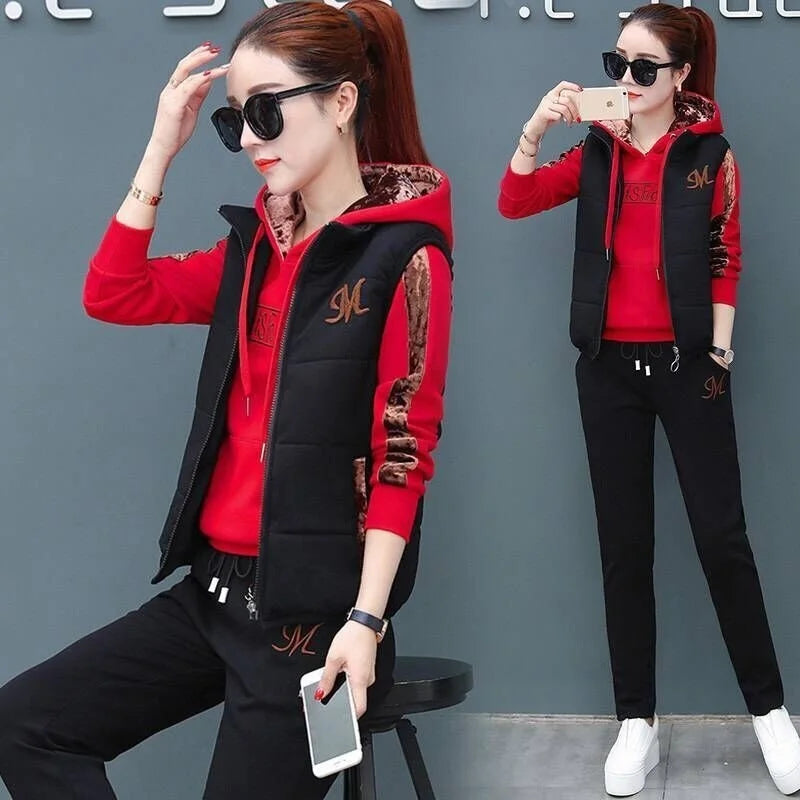 Women's Autumn Winter Casual Sweatpants Set - Plush Thickened Hoodie & Waistcoat 3-Piece Outfit | Cozy Lounge Wear for Home, Gym & Street Fashion