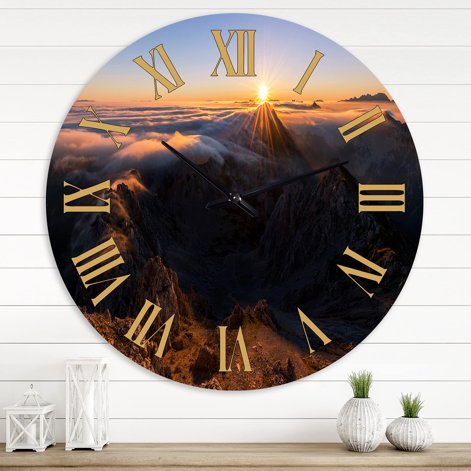 DesignQ Traditional Wall Clock - Large 'Mystic Sunrise with Rolling Fog in The Mountains' Decorative Clock for Kitchen, Living Room, Bedroom & Office | Silent Non-Ticking Battery Operated Wall Decor