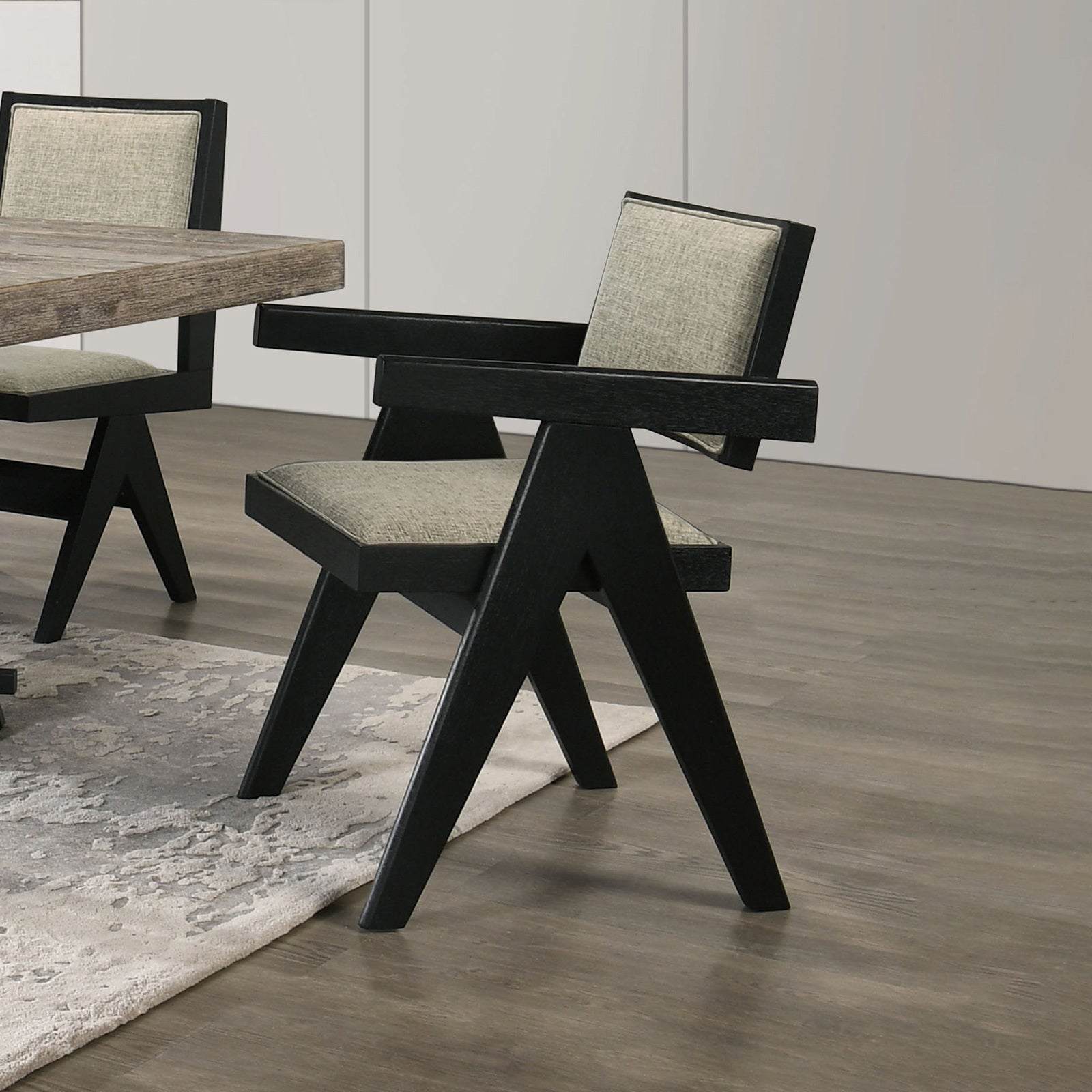 Modern Black 2-Piece Dining Arm Chairs with Light Gray Fabric Upholstery and Plank Arms - Elegant Dining Room Seating for Home, Restaurant, or Cafe