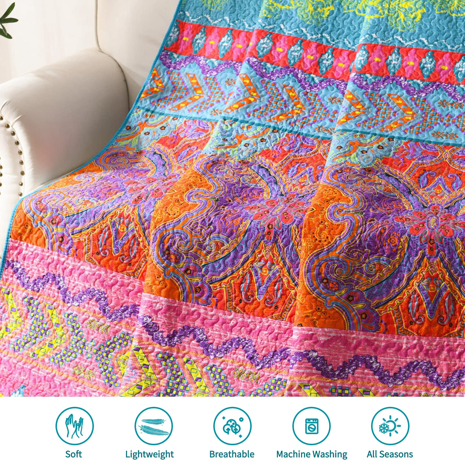 Qucover Boho Quilt Throw - Soft Microfiber Pink & Blue Bohemian Bedspread, Ethnic Style Lightweight Blanket for Couch, Sofa, Bed (Small Single) - Perfect for Cozy Nights, Home Decor & Bohemian Style Living Rooms