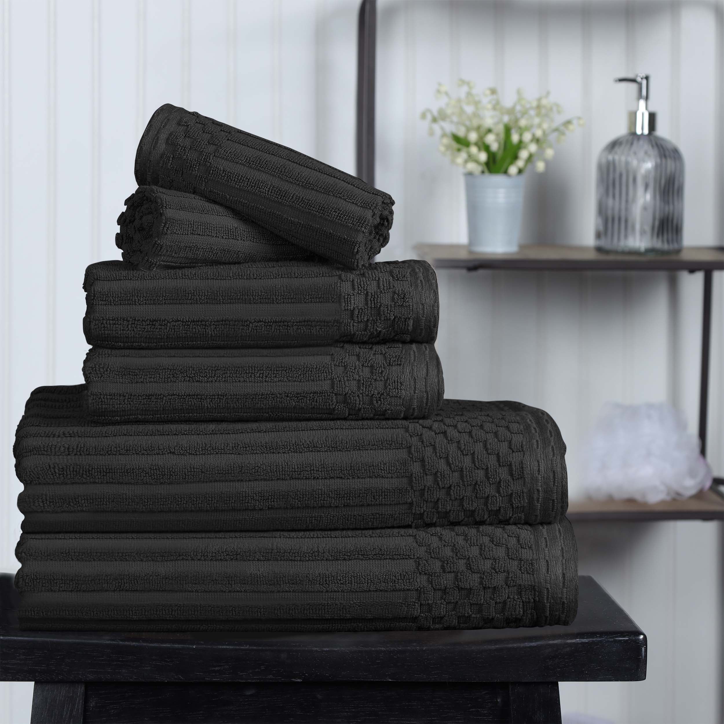 Premium 6-Piece Cotton Ribbed Textured Towel Set - Medium Weight, Soft & Absorbent Bath Towels for Spa, Gym, and Everyday Use