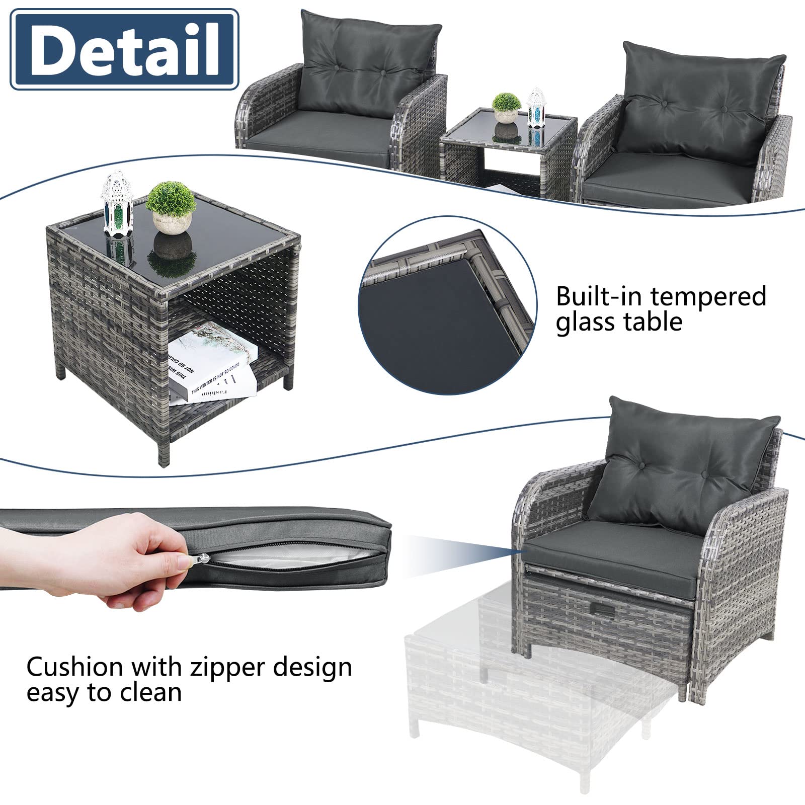 5-Piece Wicker Outdoor Patio Furniture Set with Ottoman - PE Rattan Garden Arm Chairs & Foot Rest for Poolside, Garden, Balcony - Grey - Perfect for Relaxing, Entertaining & Outdoor Lounging