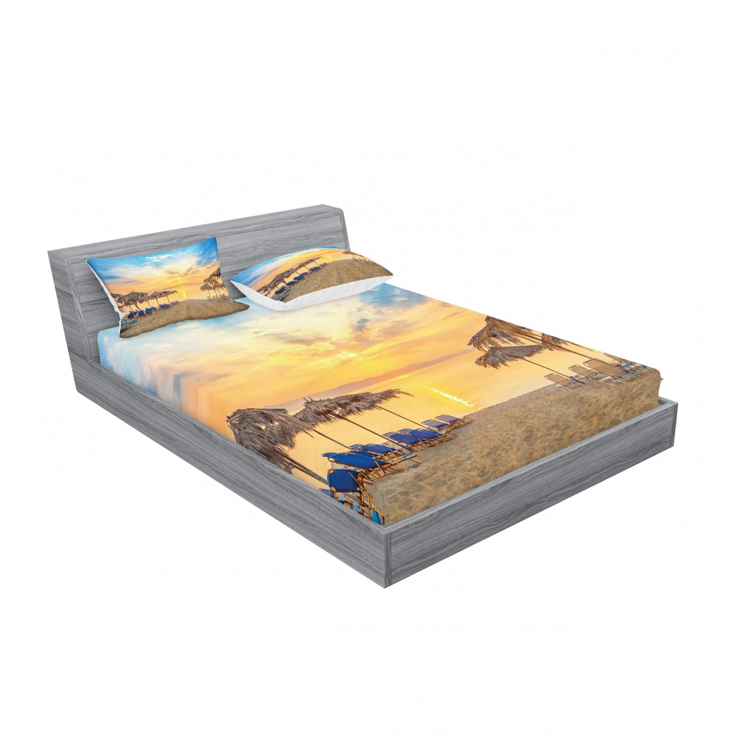 Ambesonne 2-Pack Summer Fitted Sheet & Pillow Sham Set - Sandy Beach Sunrise Design, 4-Piece Bedding Set (2 Twin XL Fitted Sheets & 4 Pillow Covers) in Tan & Blue | Coastal Decor for Guest Rooms, Beach Houses & Vacation Rentals