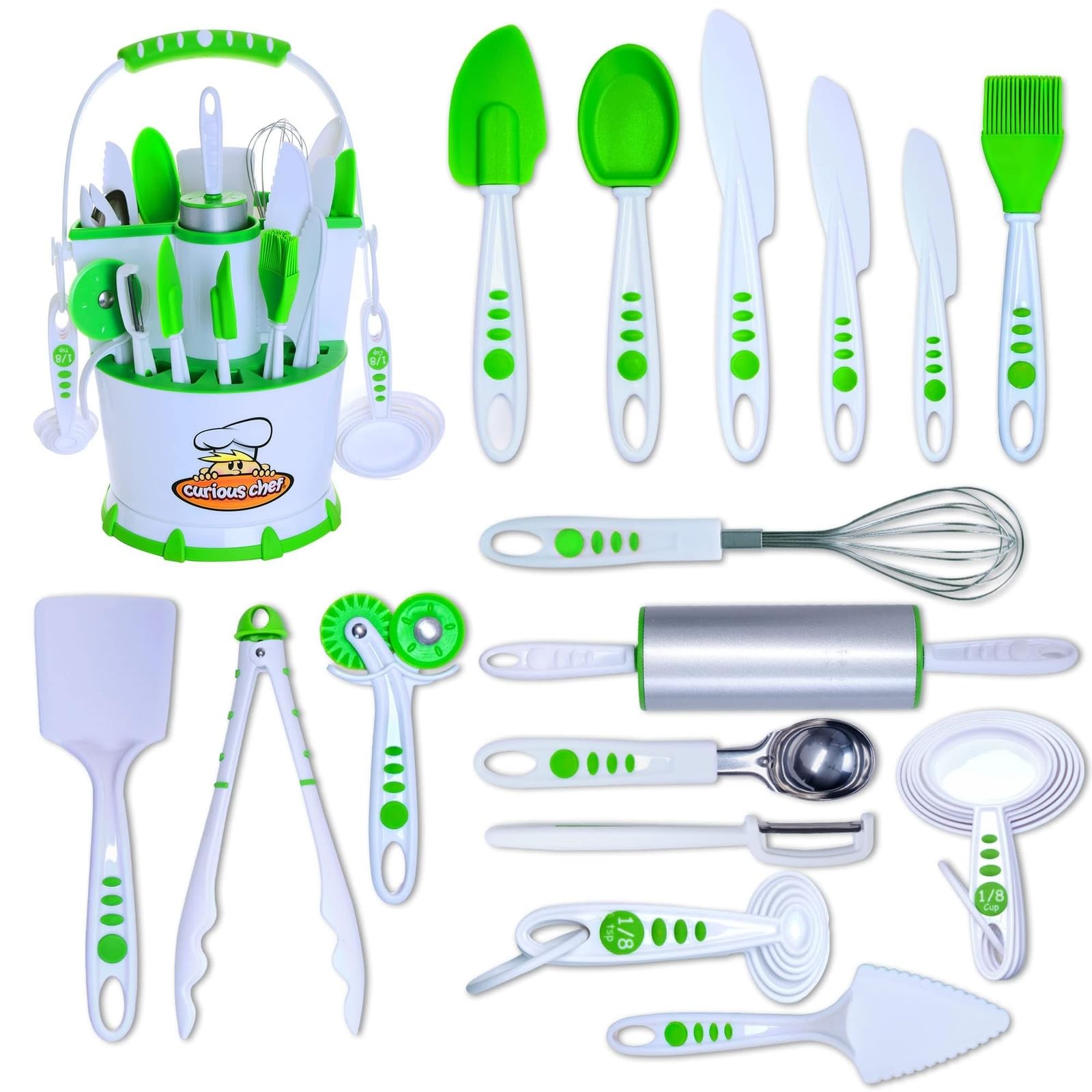 Curious Chef 30-Piece Kids Cooking Set - BPA-Free Plastic Cookware with Utensils (Rolling Pin, Spoons, Whisk, Knives, Measuring Cups) | Dishwasher Safe | Perfect for Pretend Play, Early Cooking Skills & Family Kitchen Fun