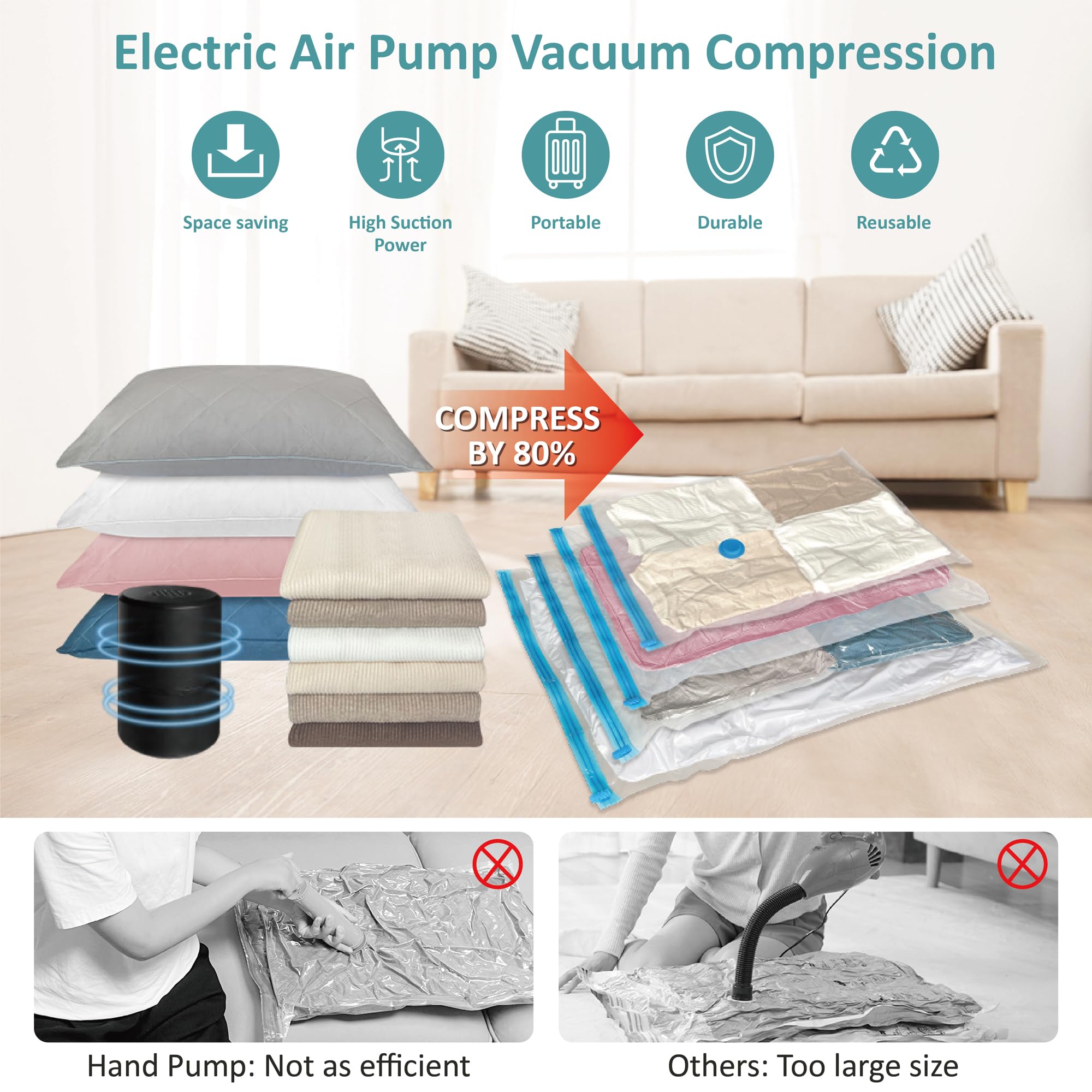 20 Pack Vacuum Storage Bags with Electric Pump (3 Jumbo/3 Large/7 Medium/7 Small) - Space Saving Compression Bags for Clothes, Comforters, Blankets & Bedding - Perfect for Travel, Seasonal Storage & Home Organization