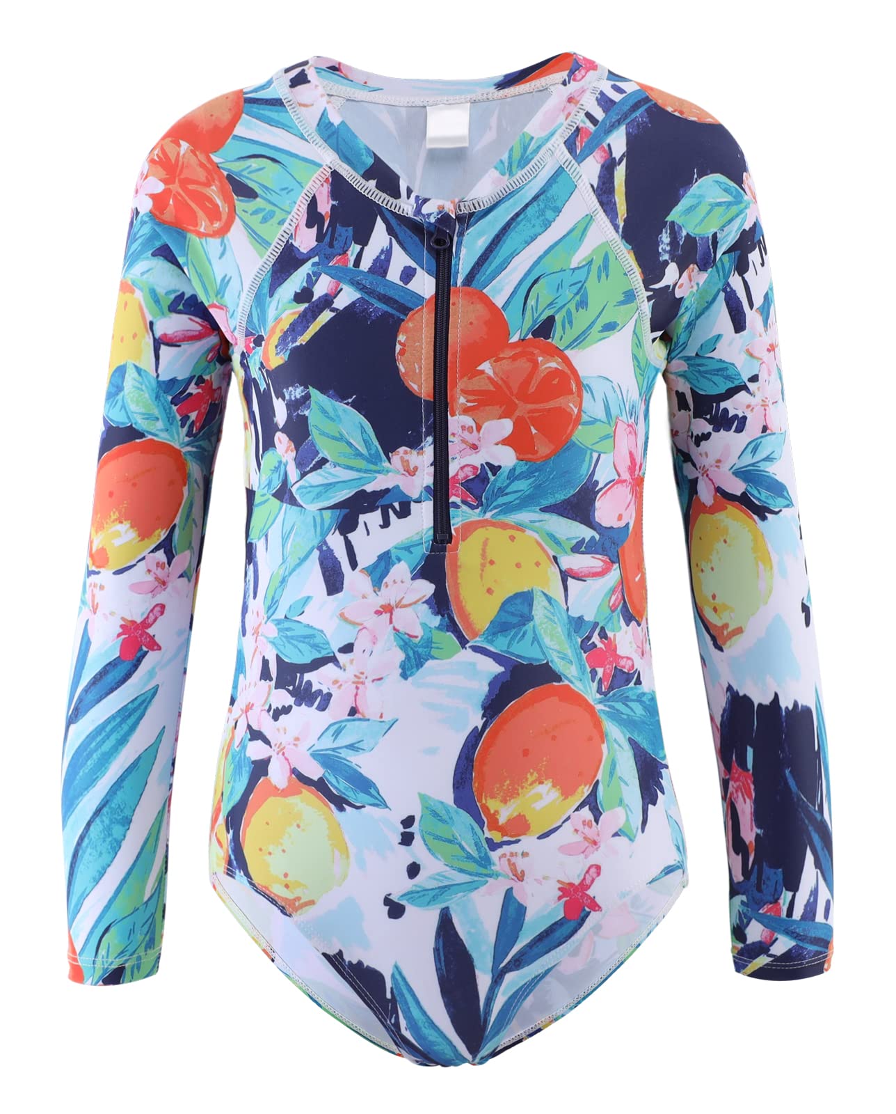 Girls Long Sleeve Rash Guard Swimsuits UPF 50+ Sun Protection One Piece Bathing Suit for Kids - Hawaiian Print Beachwear for Swimming, Surfing & Summer Water Activities
