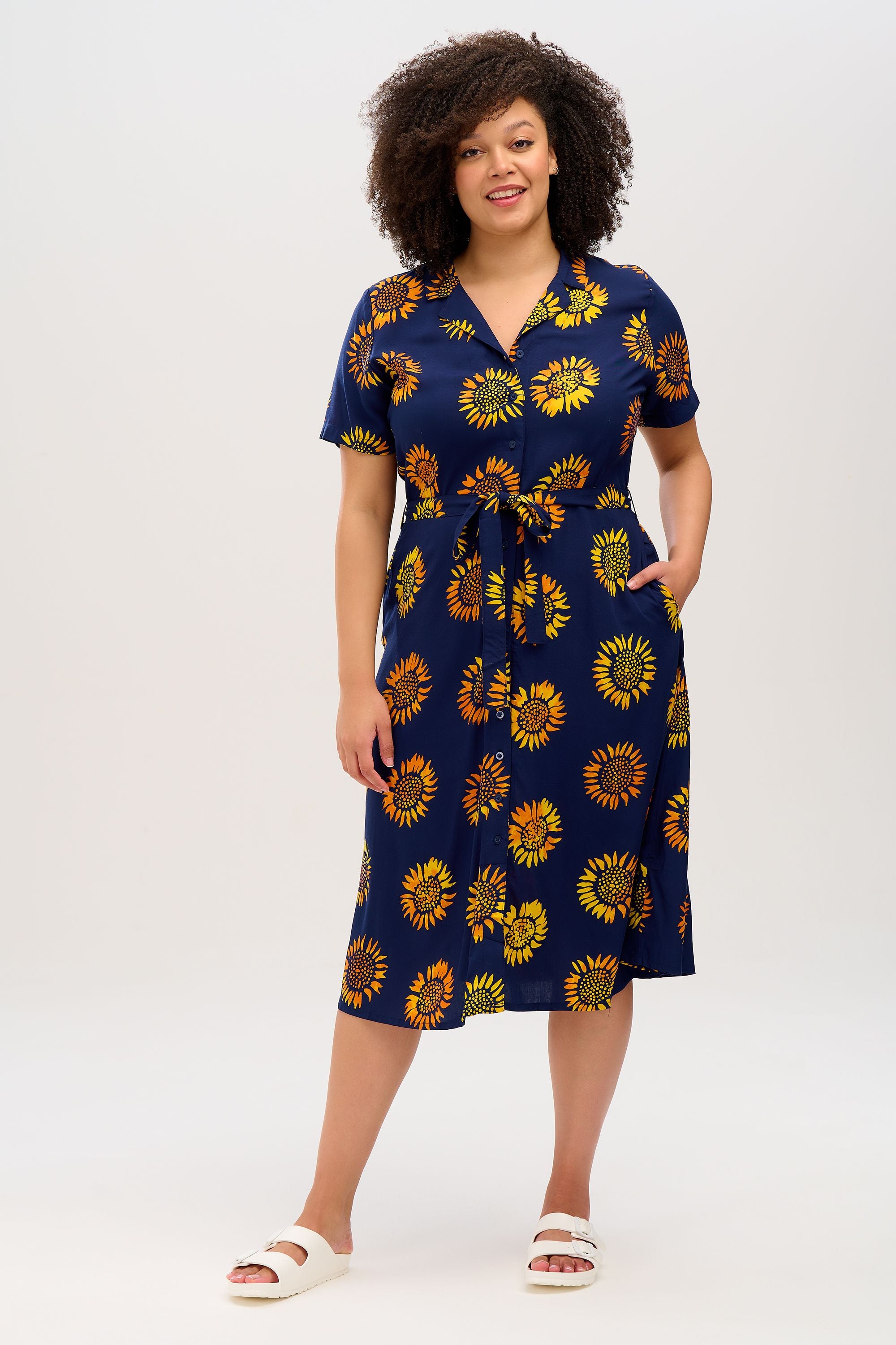 Fiona Batik Midi Shirt Dress - Navy Blue with Sunflower Print | Casual Summer Dress for Women, Beach Cover Up, Boho Chic Outfit