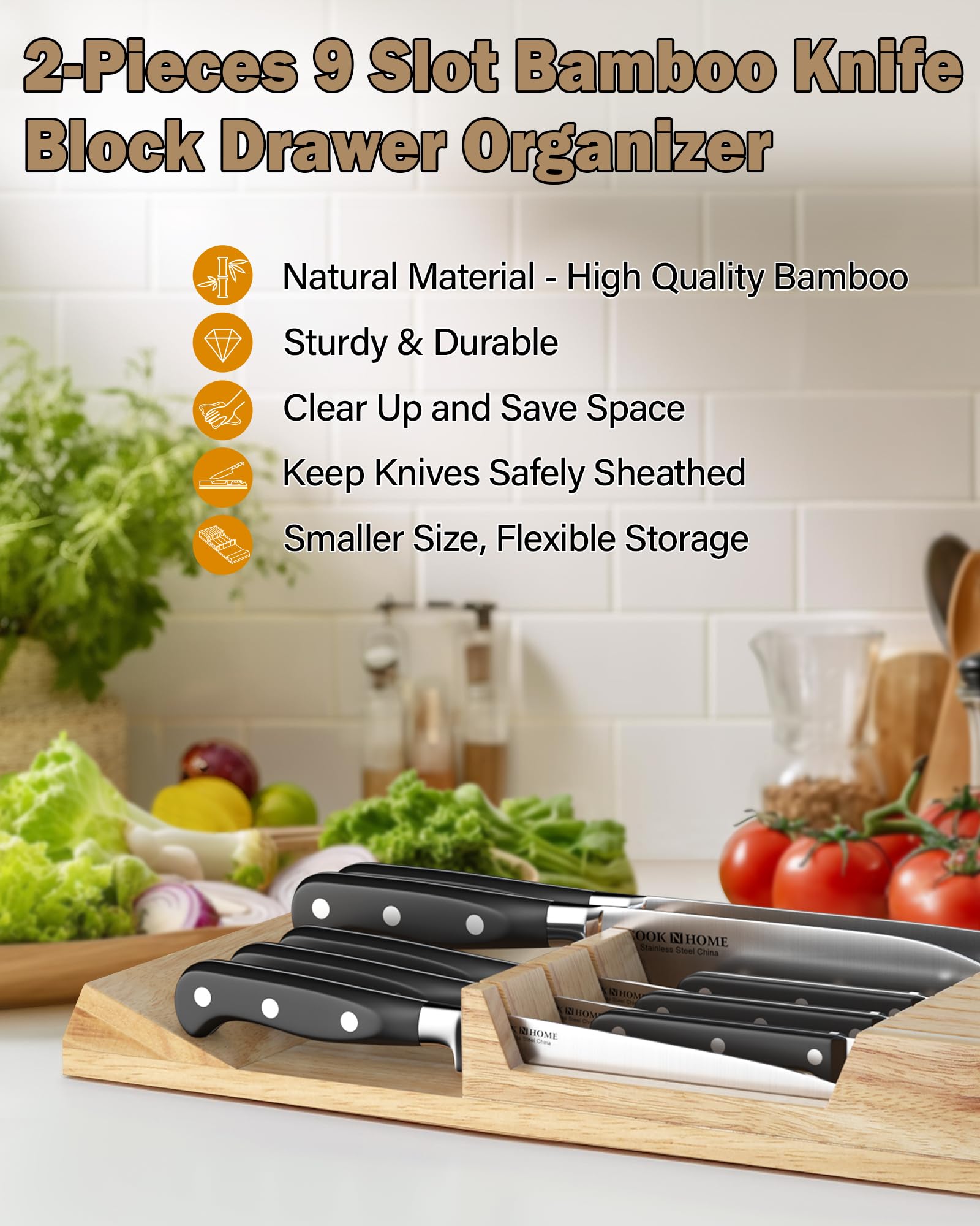 Cook N Home 18-Slot In-Drawer Knife Block Organizer (2pc 9-Slot) - Premium Kitchen Knife Holder & Cutlery Storage for Drawers - Fits Up to 18 Knives (Knives Not Included) - Perfect for Organizing Chef Knives, Steak Knives & Kitchen Utensils