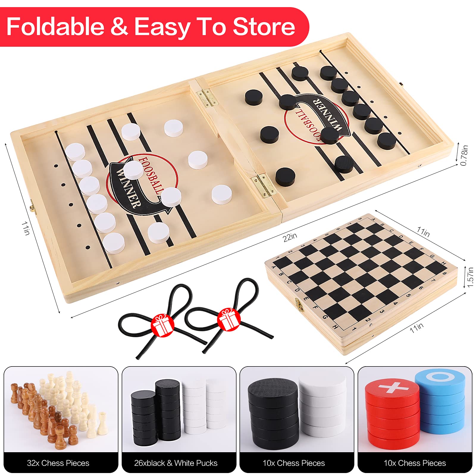 4-in-1 Board Game Set - Sling Puck, Chess, Checkers & Tic Tac Toe - Fast Hockey Table Game with Slingshot for Kids - Perfect for Family Game Night & Indoor Activities