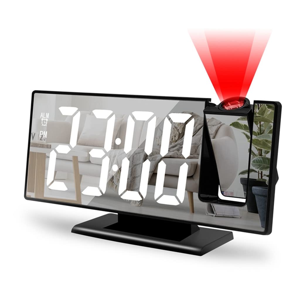 Projection Alarm Clock with LED Mirror Display - Digital Clock with Temperature, 3-Level Brightness, 5 Minute Snooze, 12/24H Format - Perfect Bedroom Alarm Clock for Heavy Sleepers (Black) - Ideal for Home, Office & Travel Use