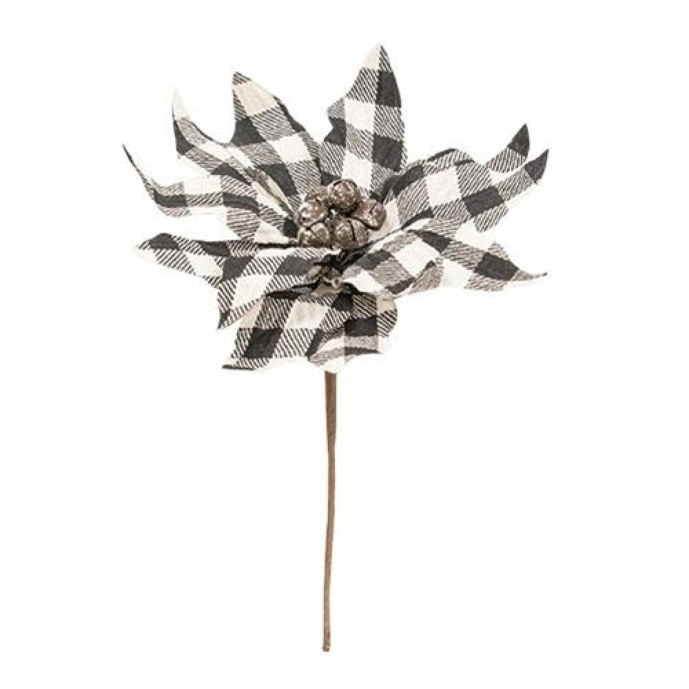 Black and White Buffalo Check Poinsettia Christmas Pick - Festive Holiday Decor for Home, Office, and Party Decorations