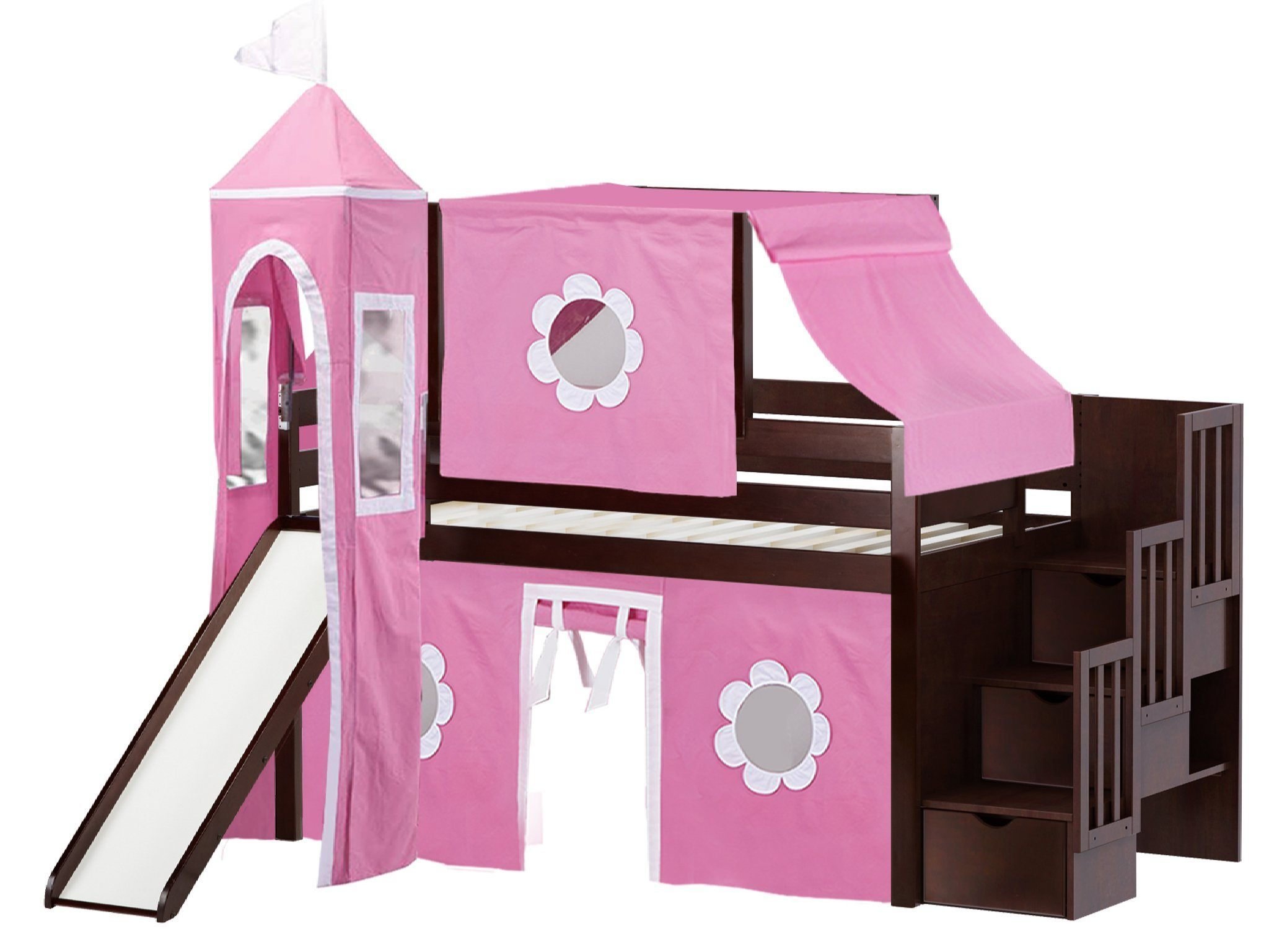 Princess Low Loft Stairway Bed with Slide - Pink & White Tent and Tower - Twin Size Cherry Wood Loft Bed for Girls - Perfect for Small Bedrooms & Play Areas
