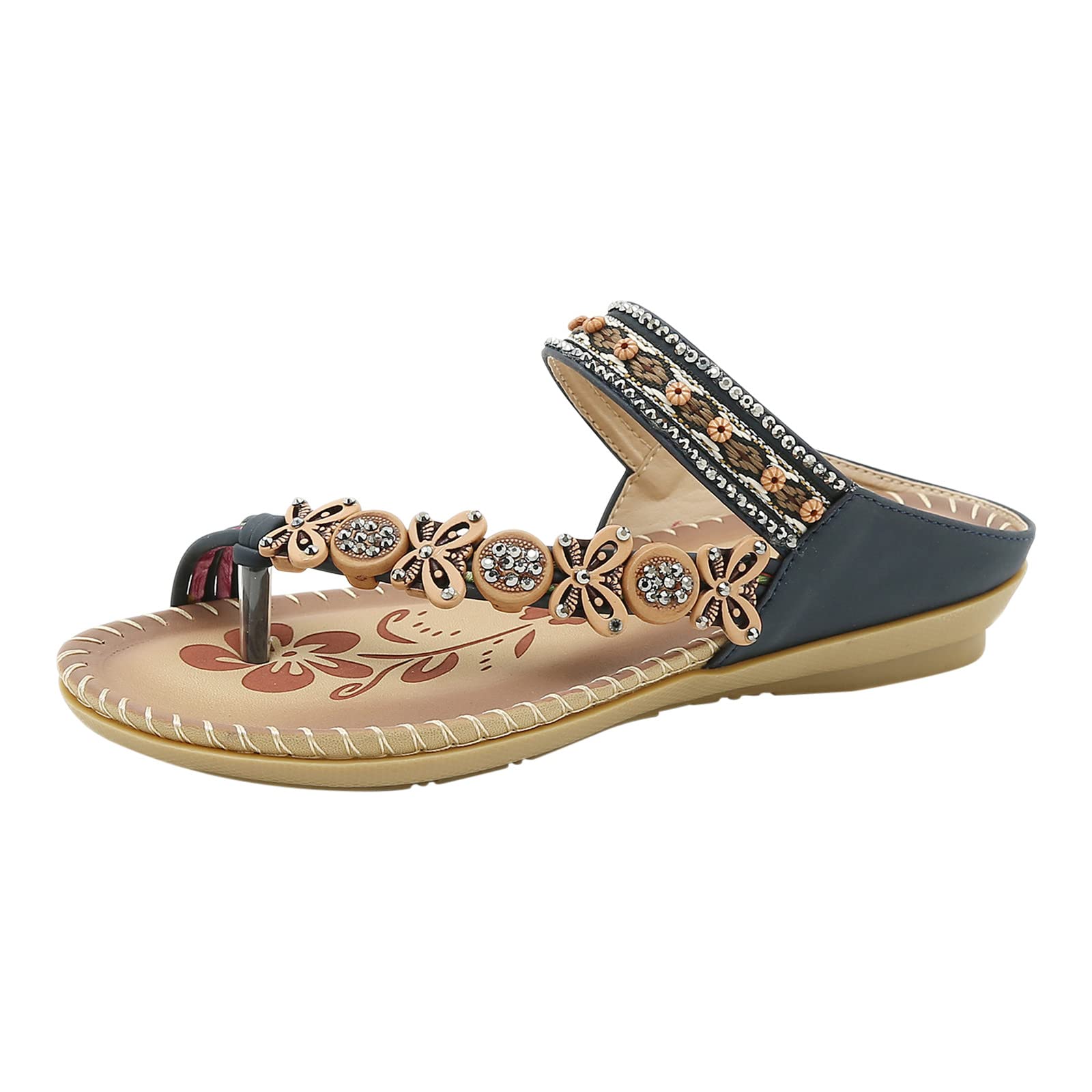 Women's Bohemian Flower Rhinestone Flat Sandals - Comfortable Summer Beach Sandals for Outdoor Walking, Vacation & Casual Wear